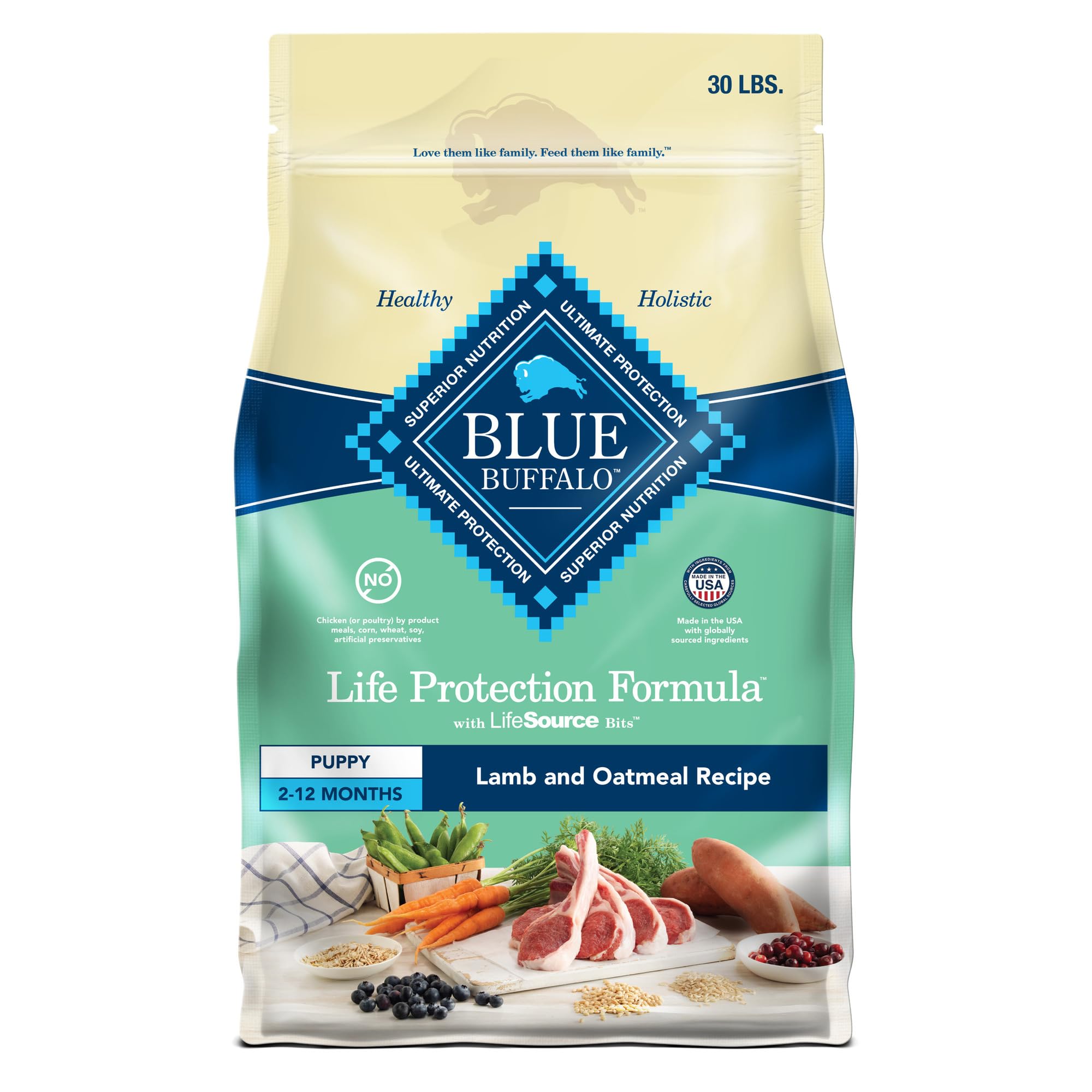Blue Buffalo Life Protection Formula Puppy Dry Dog Food with DHA & ARA - Natural Lamb & Oatmeal Recipe for Healthy Growth - 30lb Bag - Perfect for Training, Weaning & Daily Nutrition