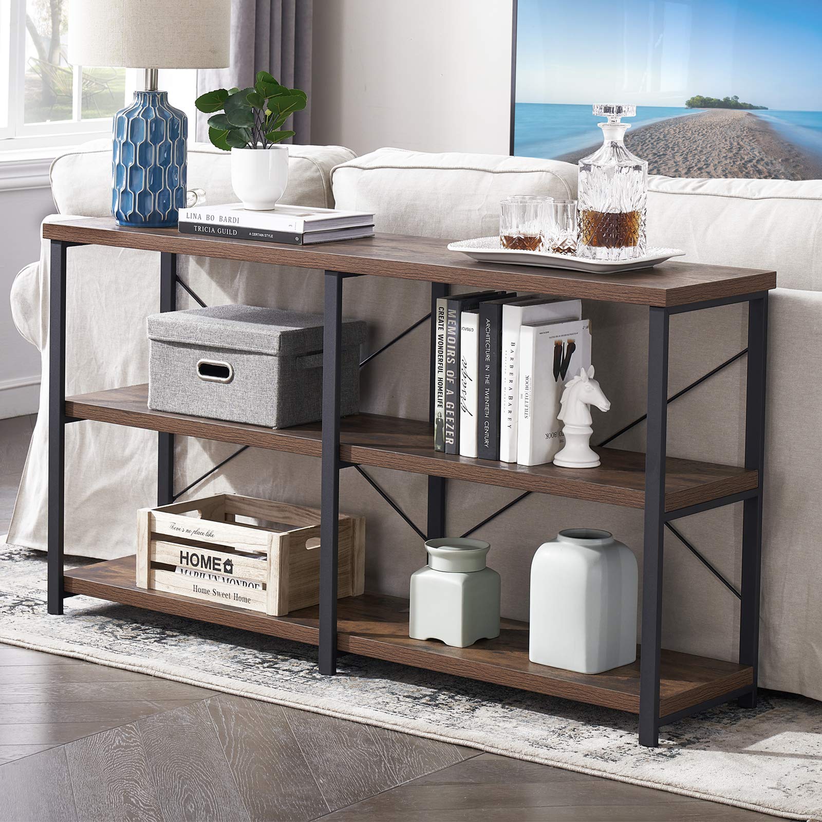 Rustic Industrial Console Table - 47 Inch Long Sofa Table with 3-Tier Storage Shelves, Entryway Table for Living Room & Hallway - GRELO HOME Farmhouse Brown Furniture for Home Decor & Small Space Organization