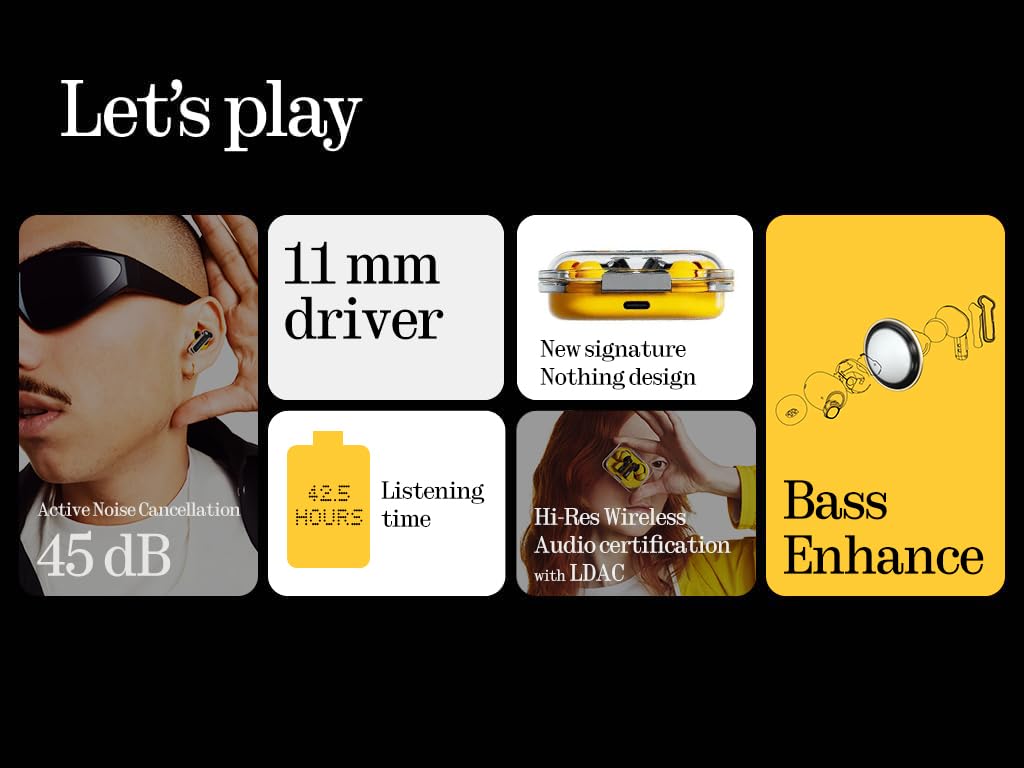 Nothing Ear (a) Wireless Bluetooth Earbuds with ChatGPT Integration - 45dB Hybrid Active Noise Cancelling, Hi-Res Audio, 6 Mics, 42.5H Playtime, Dual Connect - Perfect for Workouts, Commuting & Travel (Yellow)