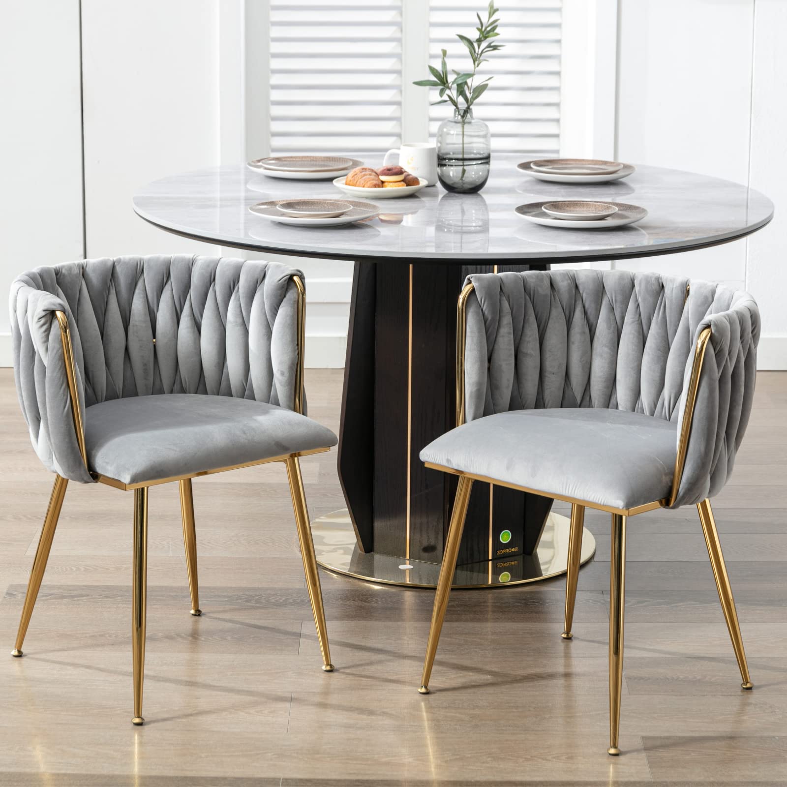 LukeAlon Modern Velvet Dining Chairs Set of 2 - Mid Century Weaved Back Kitchen Chairs with Sturdy Metal Legs, Upholstered Side Chairs for Dining Room & Living Room - Soft Grey Velvet Accent Chairs | Perfect for Home Dining, Kitchen Breakfast Nook & Cozy Living Room Seating