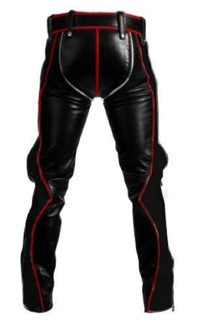 Men's Real Black Cow Leather Heavy Duty Bondage Pants - Gay Biker Jeans for Motorcycle Riding, Nightclubs & Alternative Fashion
