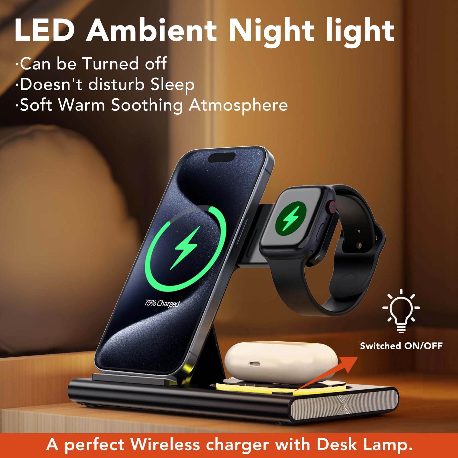 3-in-1 Foldable Wireless Charging Station for iPhone 16/15/14/13/12/11 Series, Apple Watch & AirPods 4/3/2/Pro/Pro 2 - Multi-Device Fast Charger with Night Light (Black) | Perfect for Bedside, Office & Travel Charging