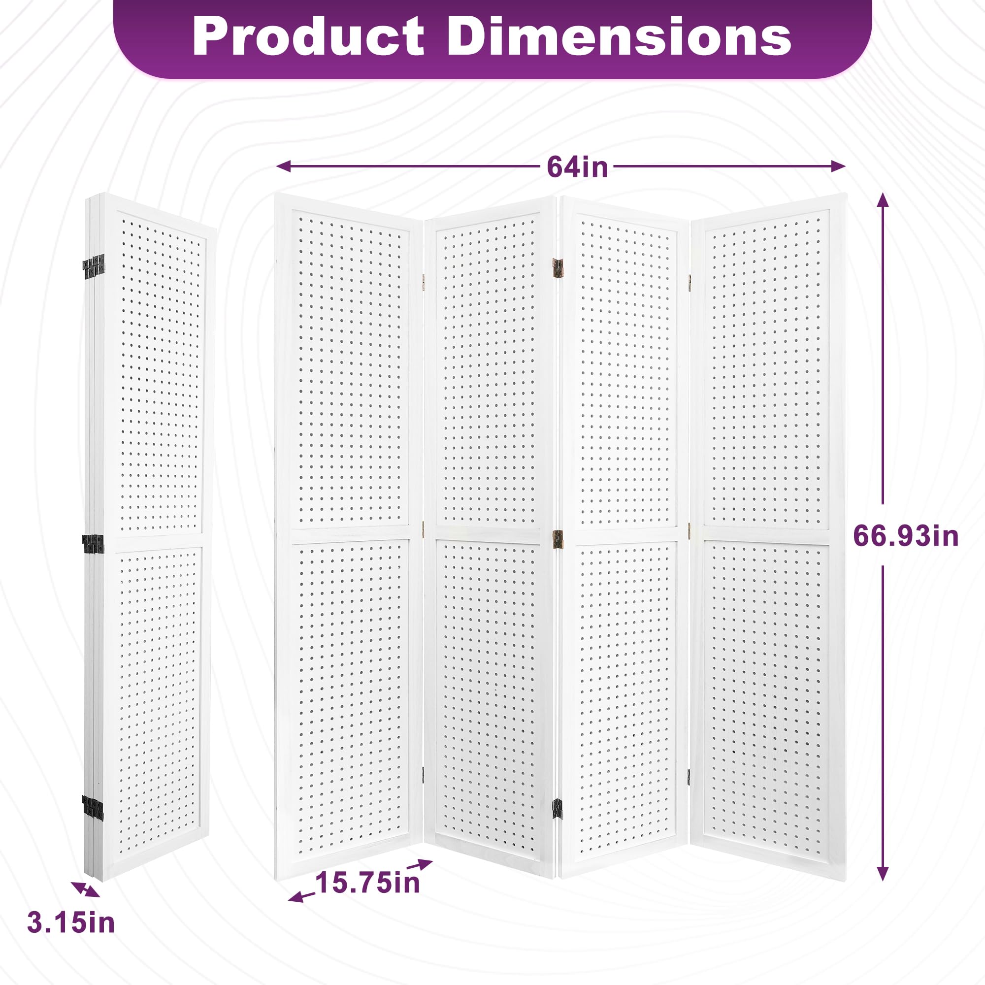 5.6FT Folding Room Divider Panel - 4 Panel Pegboard Wood Partition Wall for Home Office, Craft Shows & Room Separation - White - Perfect for Home Decor, Trade Shows & Space Organization