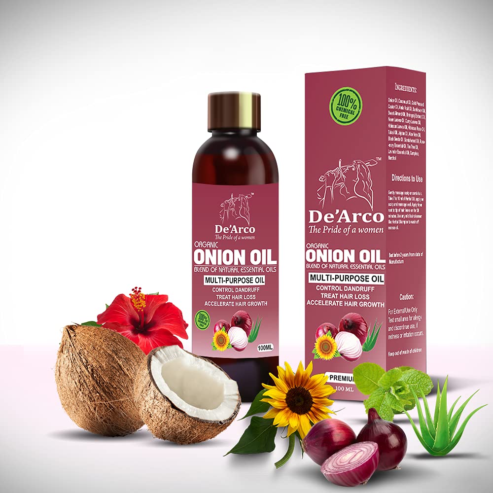 De'Arco Extra Virgin Onion Hair Oil for Hair Growth & Scalp Care | 100% Natural Anti-Dandruff & Anti-Hair Loss Treatment | Chemical-Free Hair Oil for Women with 8X Growth Formula | 100ml | Perfect for Daily Hair Care, Scalp Massage & Split Ends Repair