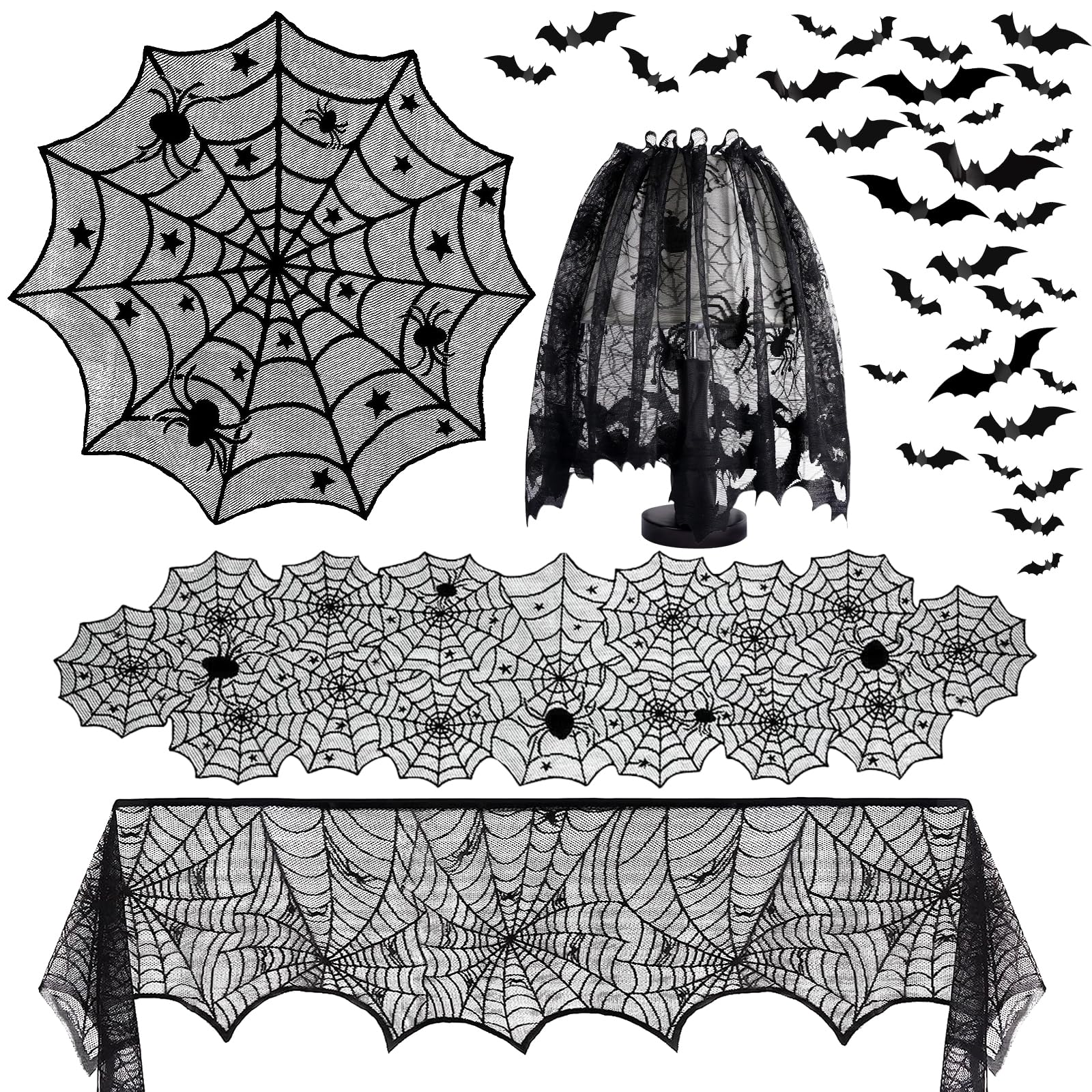 5-Pack Halloween Decorations - 3D Spider Web Tablecloth, Table Runners & Fireplace Mantel Scarf with Cobweb Lampshade & Scary Bats - Spooky Indoor Home Decor for Halloween Party, Haunted House & Themed Events