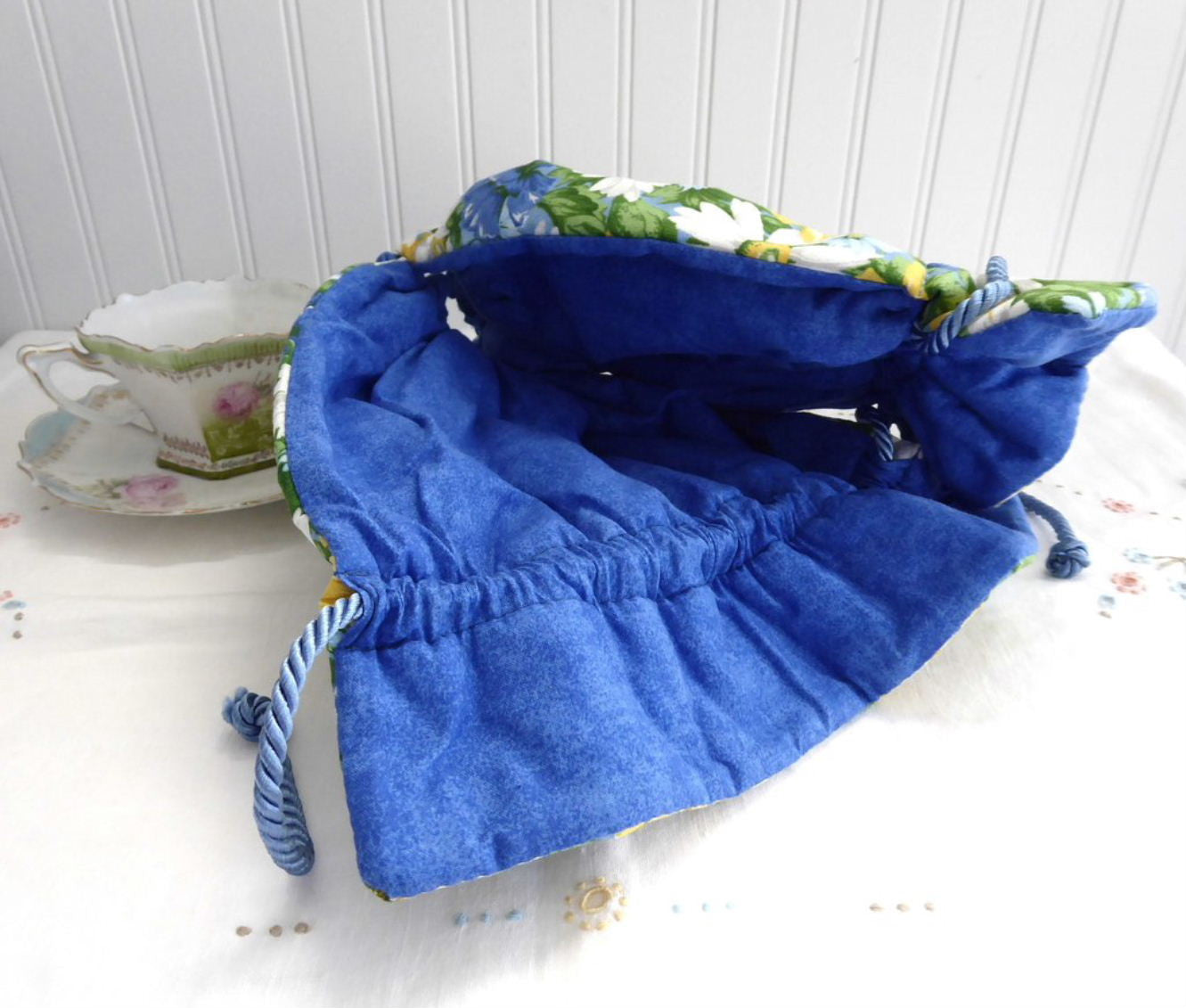 Handmade USA Blue & Yellow Daisy Tea Cozy - Padded with Blue Cord & Lining - Perfect for English Tea Parties & Cozy Afternoons