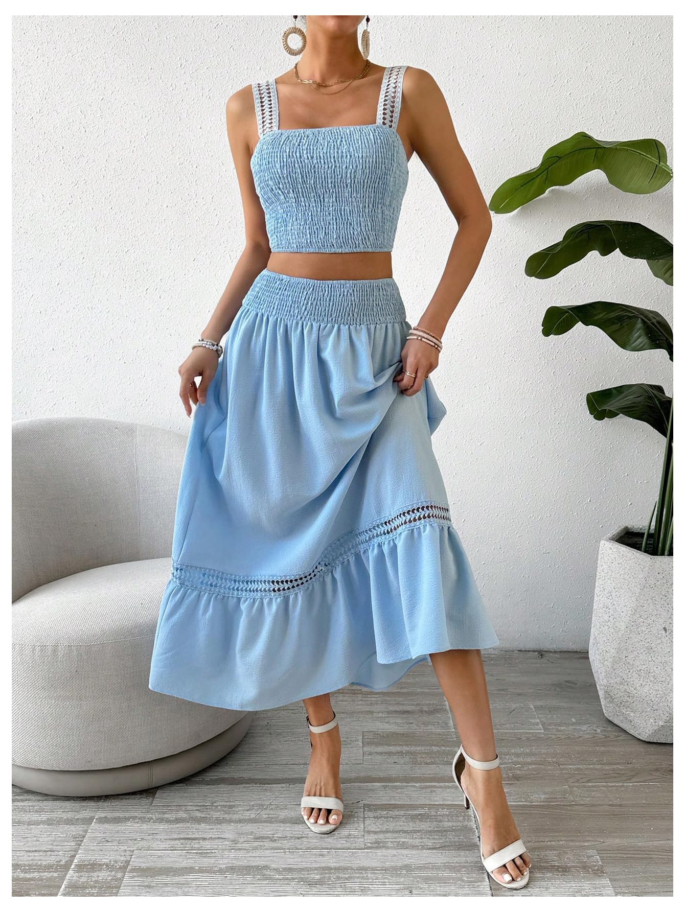 SweatyRocks Women's Summer Outfit Set - Floral Print Shirred Crop Camisole Top & Ruffled Hem Skirt 2 Piece Set | Casual Beach Wear, Vacation Outfits, Date Night Dresses