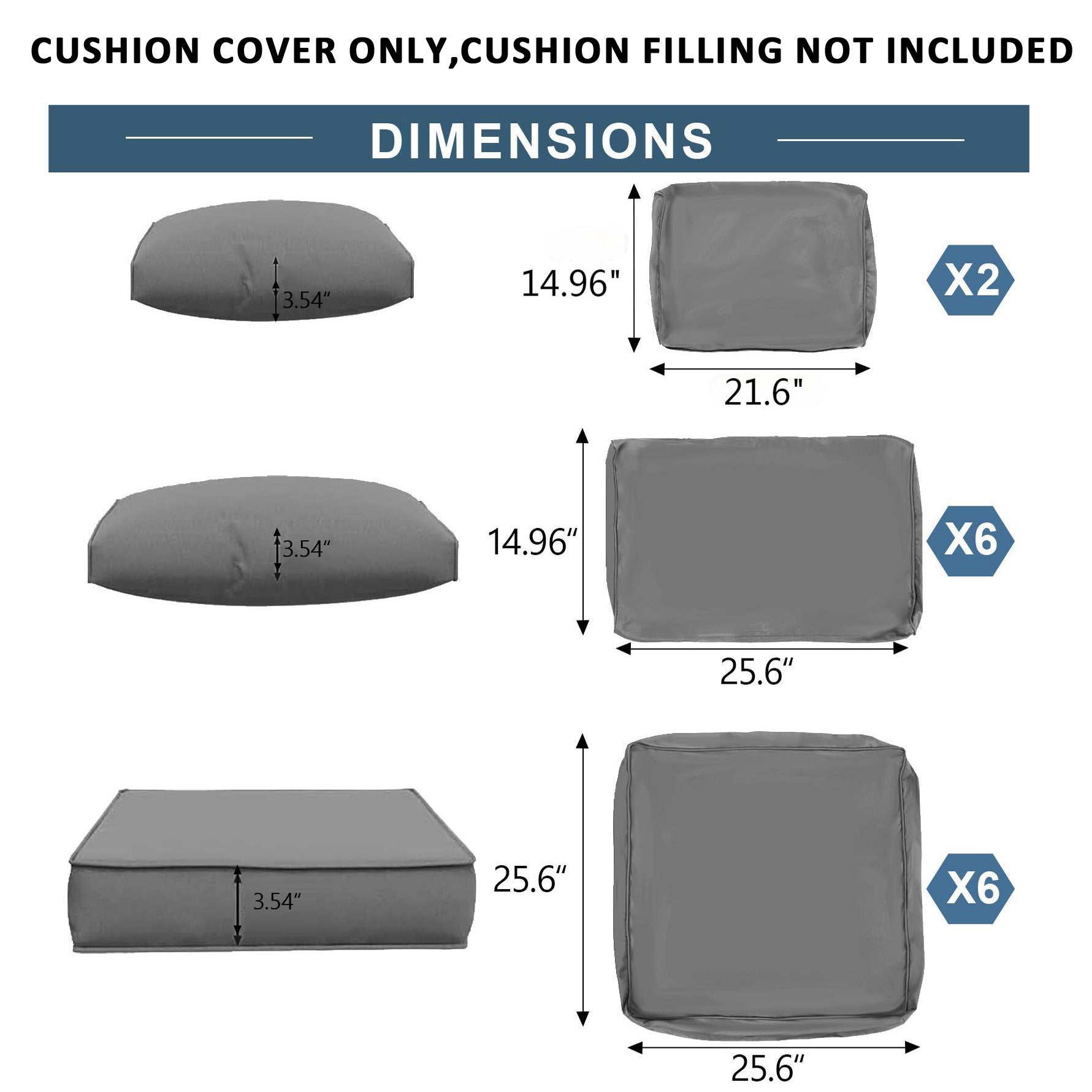14-Piece Outdoor Patio Furniture Cushion Set - Waterproof Deep Seat Cushions with High-Density Sponge for Sectional Sofas - Replacement Covers (Grey) - Perfect for Backyard, Deck, Poolside & Garden Relaxation