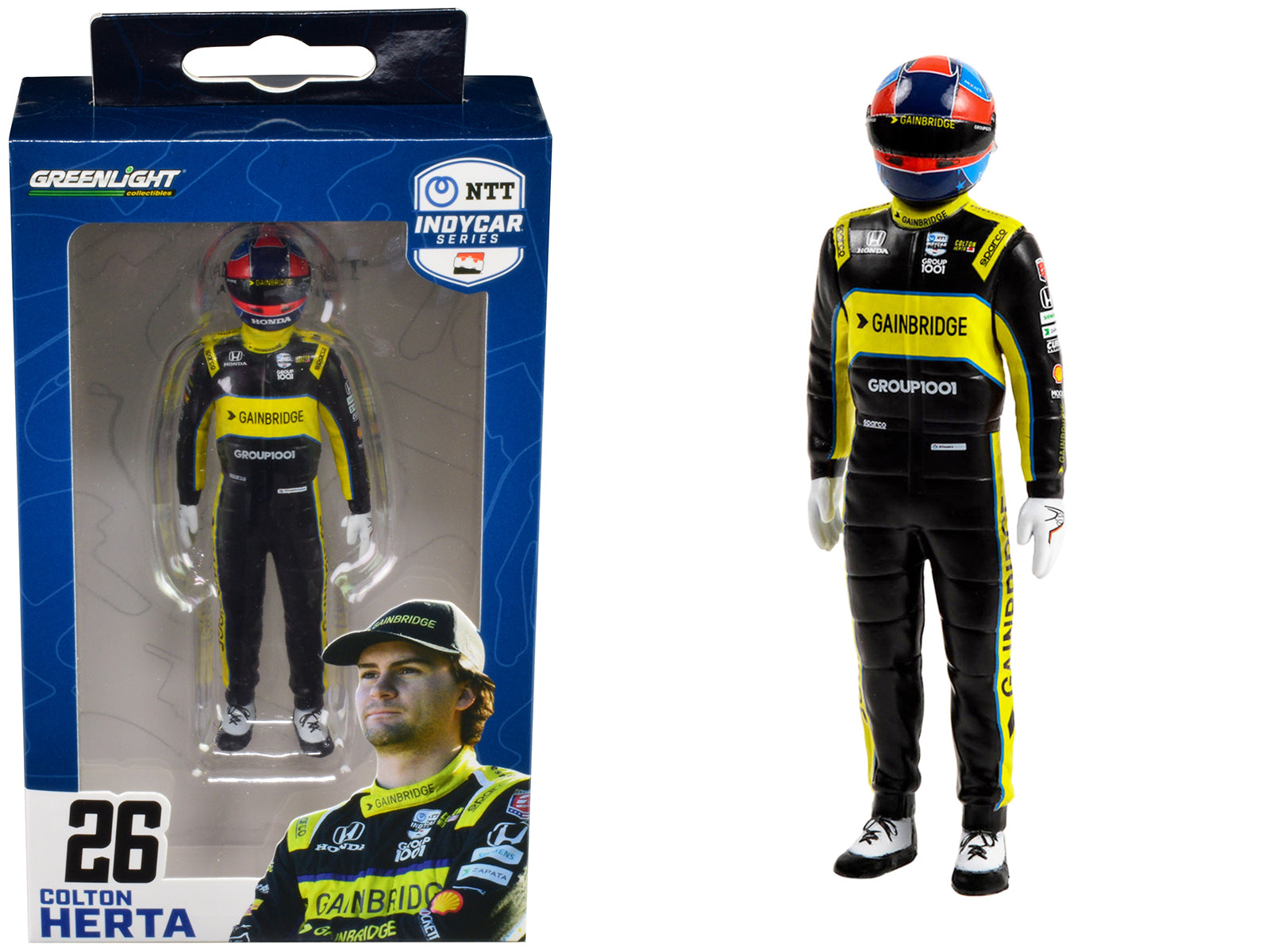 1/18 Scale Greenlight NTT IndyCar Series #26 Colton Herta Driver Figure - Gainbridge Andretti Autosport Diecast Model for Racing Fans & Collectors | Perfect for Display Cases, Office Decor, and Gift Giving