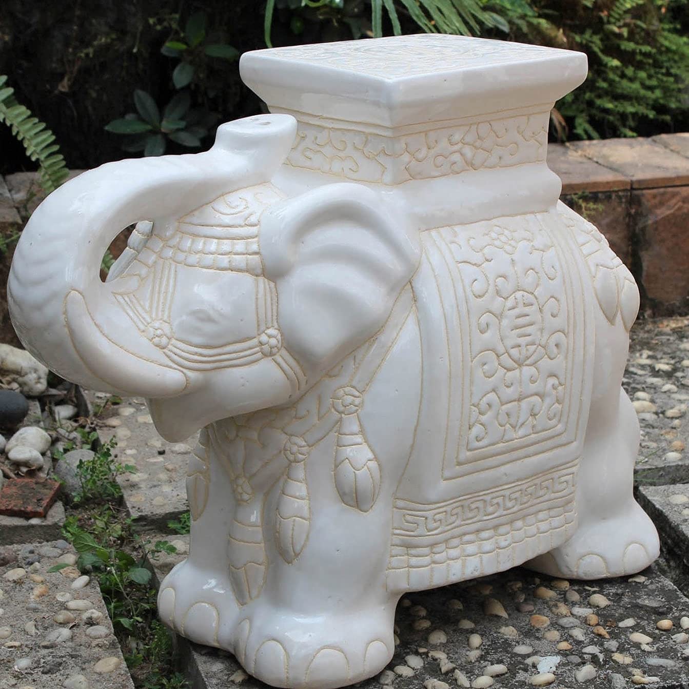 Large Porcelain Elephant Stool - Handcrafted Decorative Furniture Piece for Home & Garden - Perfect for Living Room, Patio, or Boho Decor
