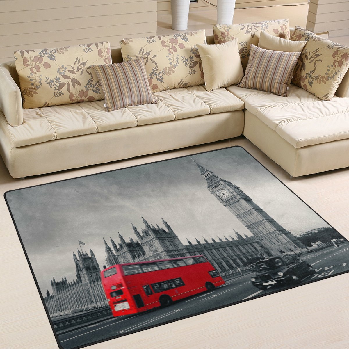 Vintage London City Big Ben Red Bus Area Rug - 7' x 5' Non-Slip Living Room Bedroom Rug - Perfect for Home Decor, Dorm Room & Office Flooring