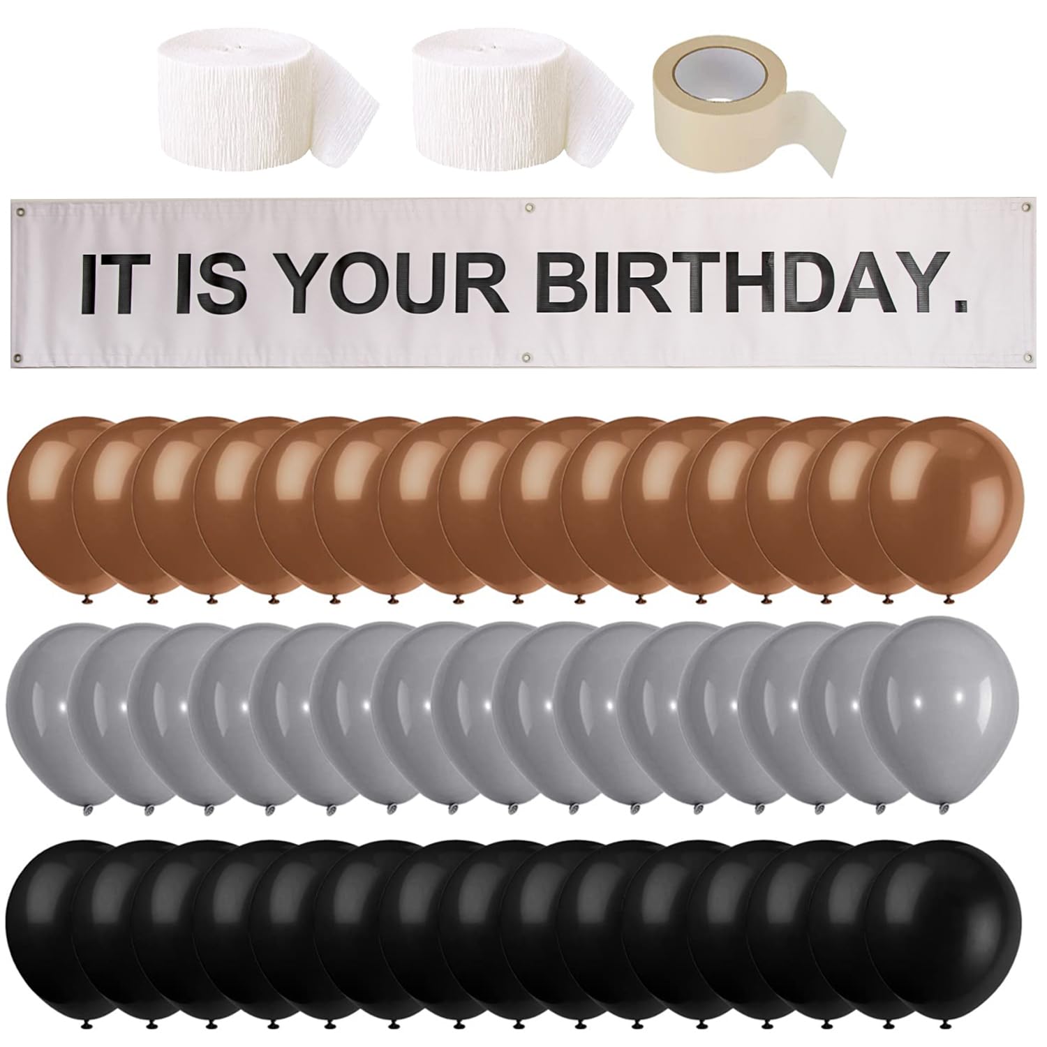Happy Birthday Banner - Dwight The Office Theme Party Decorations for Husband, Boyfriend & Office Celebrations - Includes Brown, Black, Grey Balloons & White Crepe Streamers (49Pcs) - Perfect for Office Parties, Birthdays & Retirement Celebrations