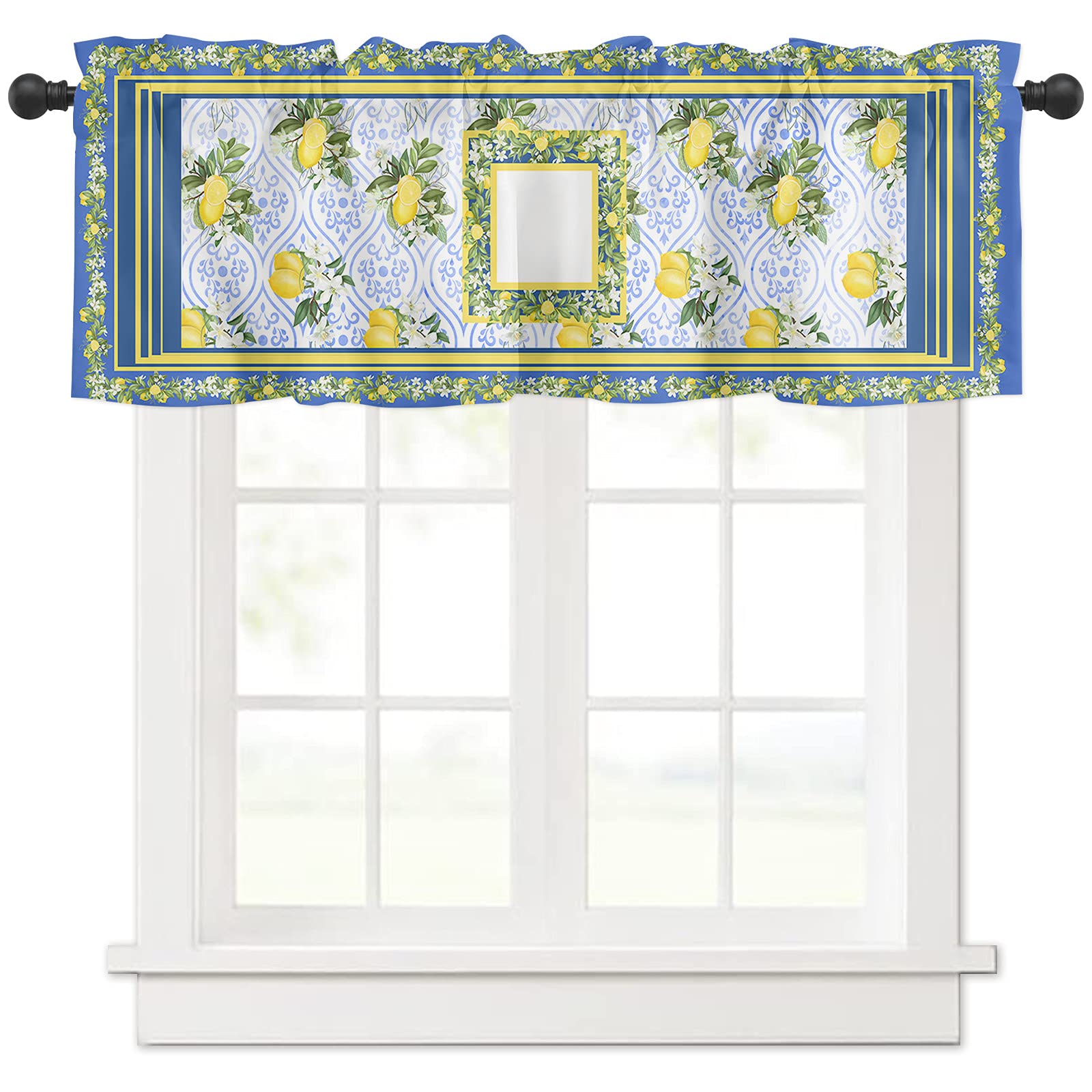 Vintage Moroccan Floral Blue Window Valance - Summer Farm Lemon Print Cafe Curtain with Rod Pocket - 54x18 Inches - Perfect for Kitchen, Bedroom & Living Room Decor - 1 Panel - Light Filtering & Stylish Home Accent