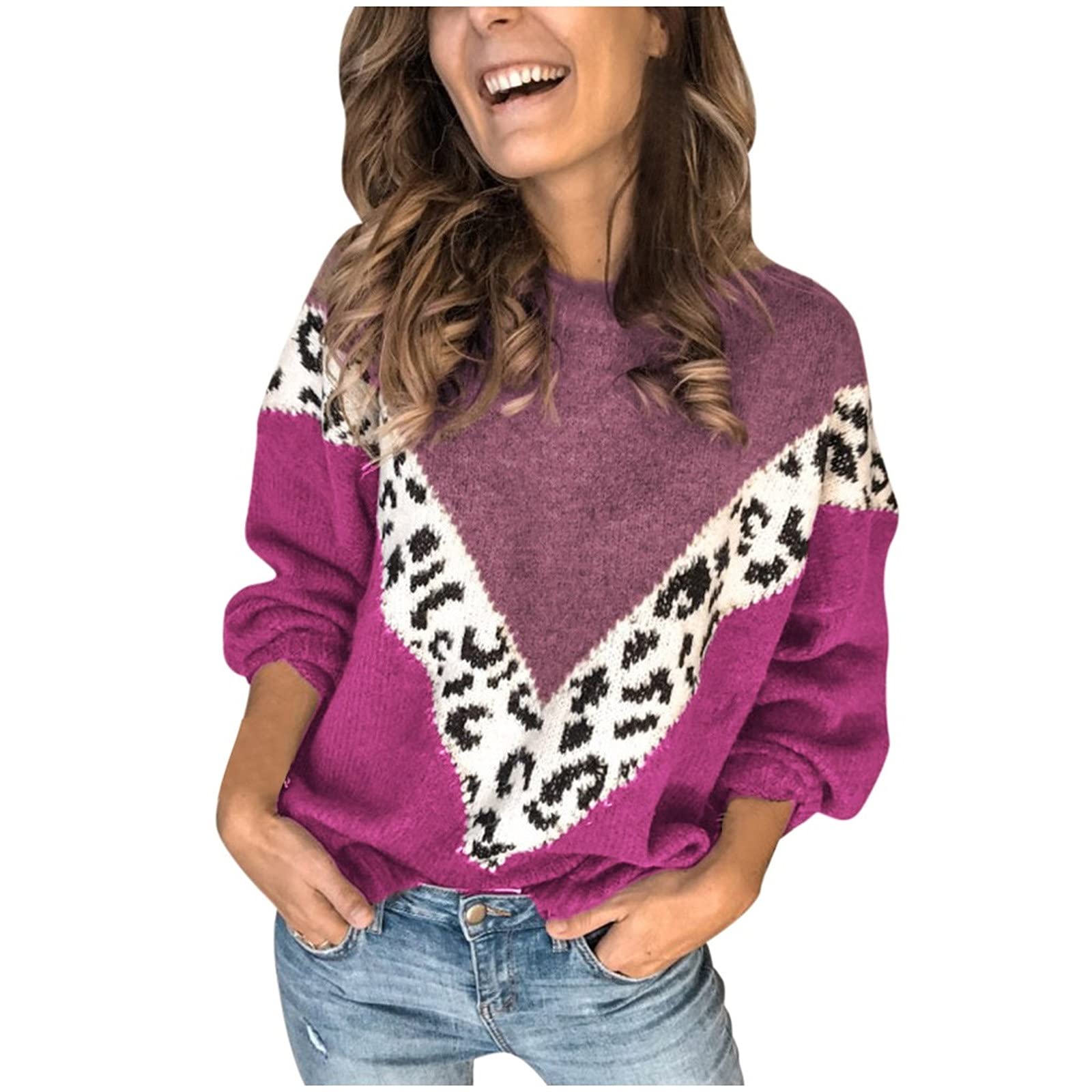 Women's Long Sleeve Striped Leopard Print Colorblock T-Shirt - Round Neck Loose Fit Casual Top for Fall | Perfect for Everyday Wear, Office Outfits & Weekend Outings