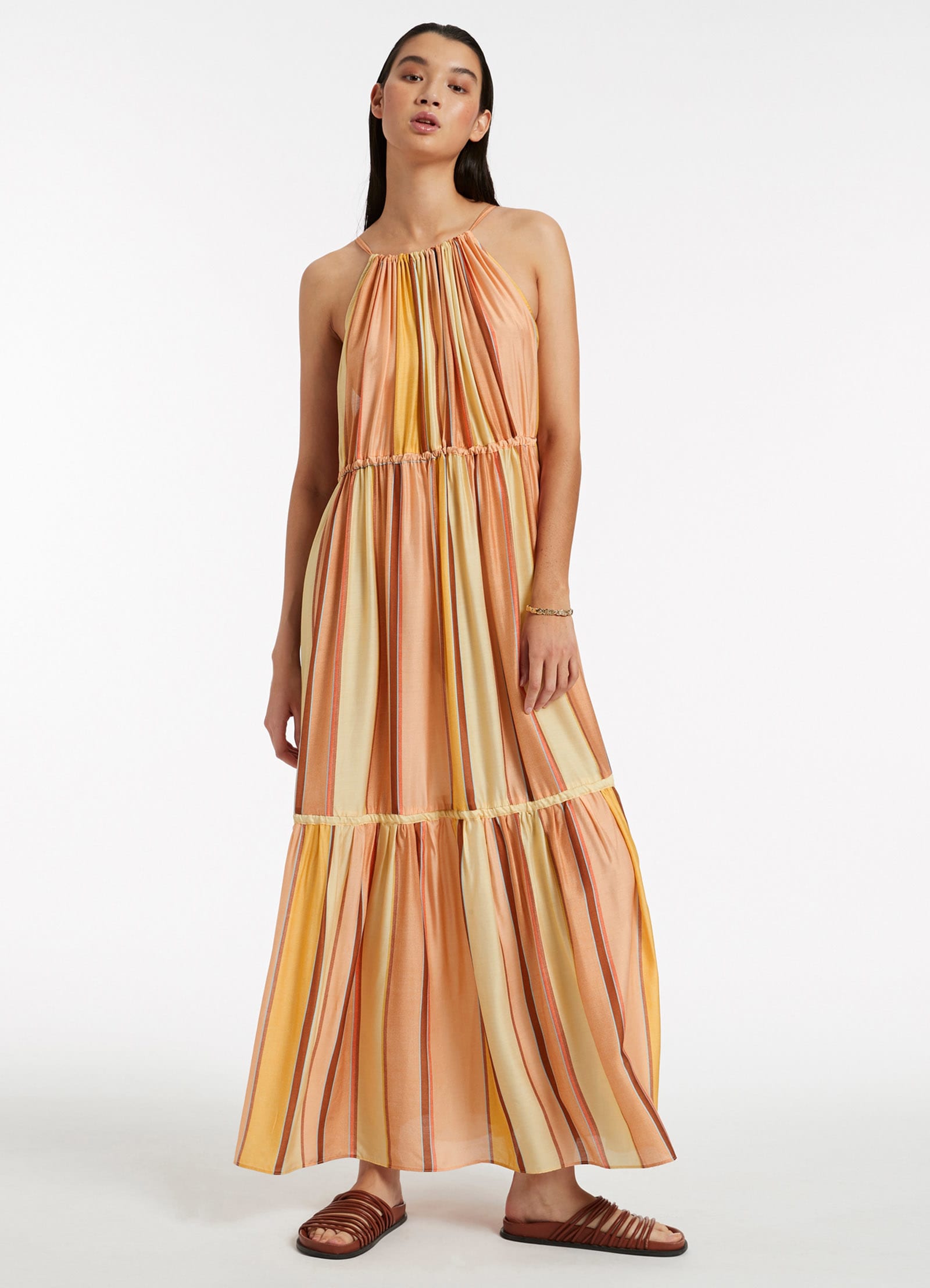 Fira Stripe Maxi Dress for Women - Flowy Long Summer Dress in Marigold Yellow | Beach Wedding, Vacation, Party Wear