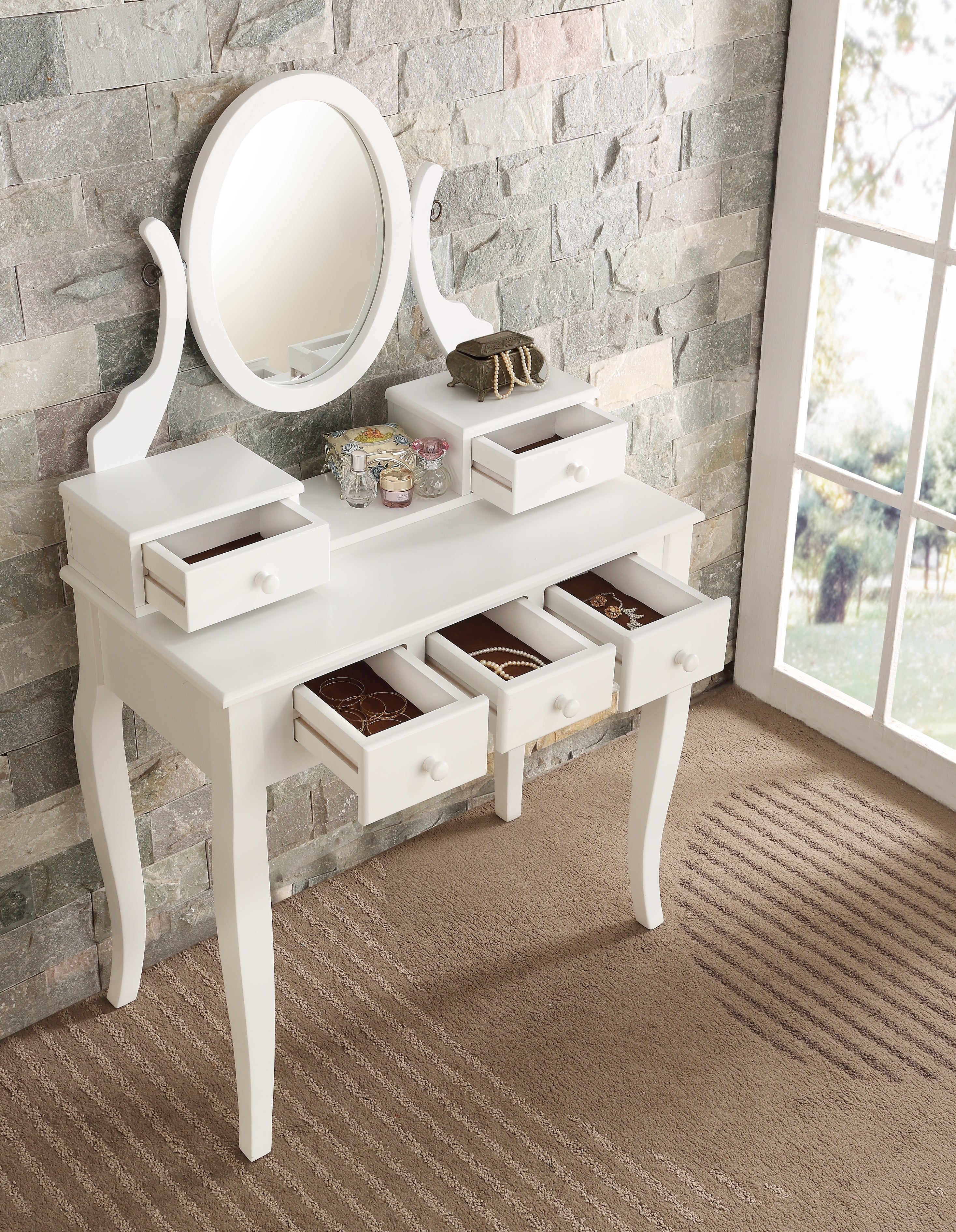 Ashley Wood Makeup Vanity Table and Stool Set - White Roundhill Furniture for Bedroom & Dressing Room | Elegant Dressing Table with Mirror & Seat for Women