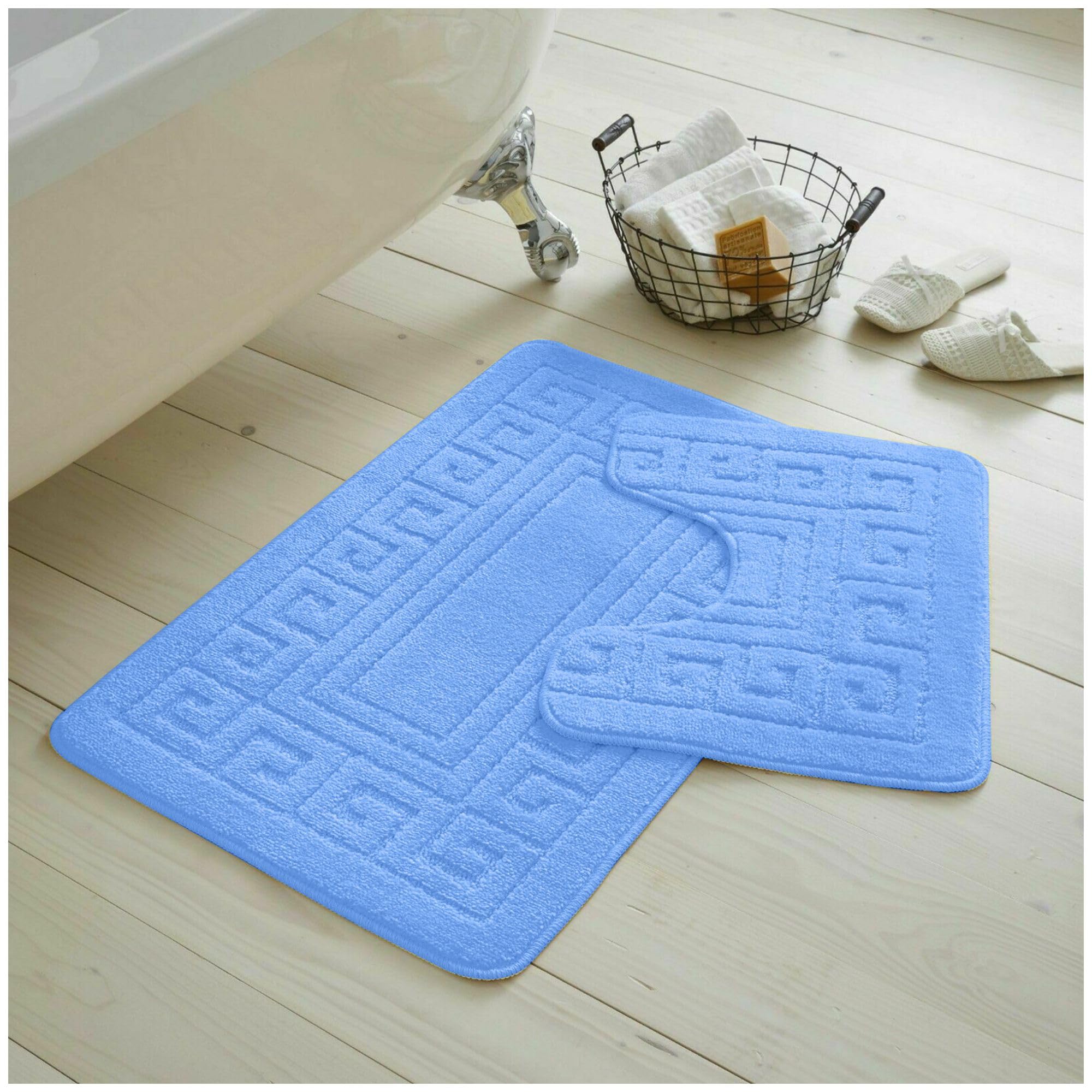 VELVETIO Non-Slip Bath Mat Set - 2 Piece Jacquard Greek Design Quick Dry Shower Rugs & Bathtub Mats - Machine Washable 100% Polypropylene Highly Absorbent Bathroom Rug Set (Blue) - Perfect for Bathroom, Shower, and Bathtub Safety
