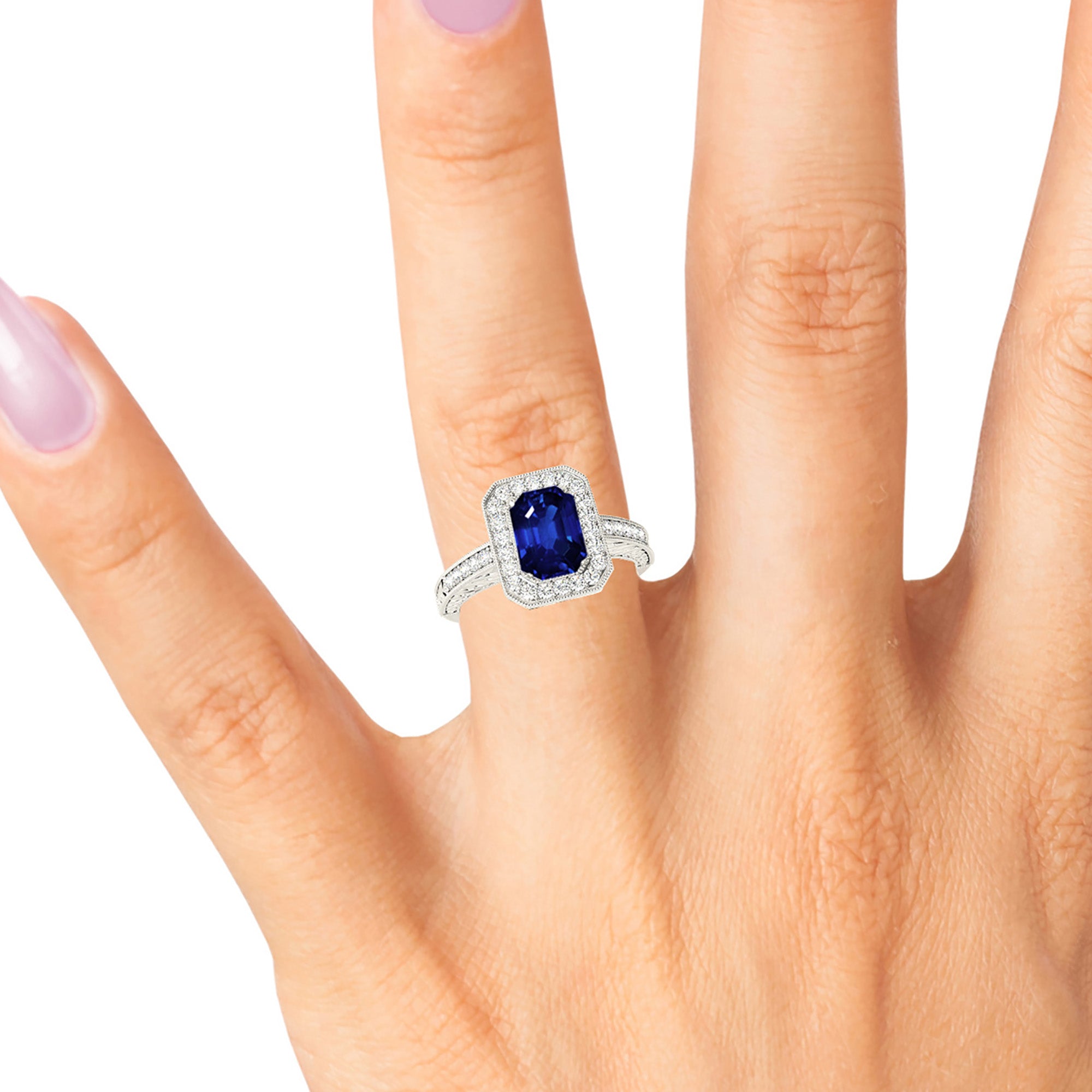 1.15 Carat Genuine Blue Emerald Cut Sapphire Ring with Milgrain Halo - Elegant Vintage Style Jewelry for Engagement, Wedding & Special Occasions