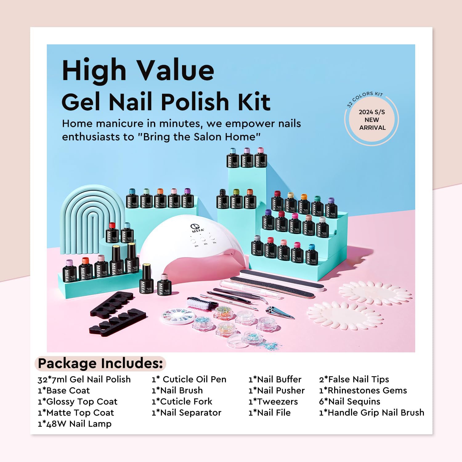 **MEFA 54-Piece Gel Nail Polish Kit with UV Light – 32 Colors Classic & Soak-Off Gel Polish Set, Base & Matte/Glossy Top Coat – DIY Nail Art Manicure Tools for Easter, Parties & Gifts**