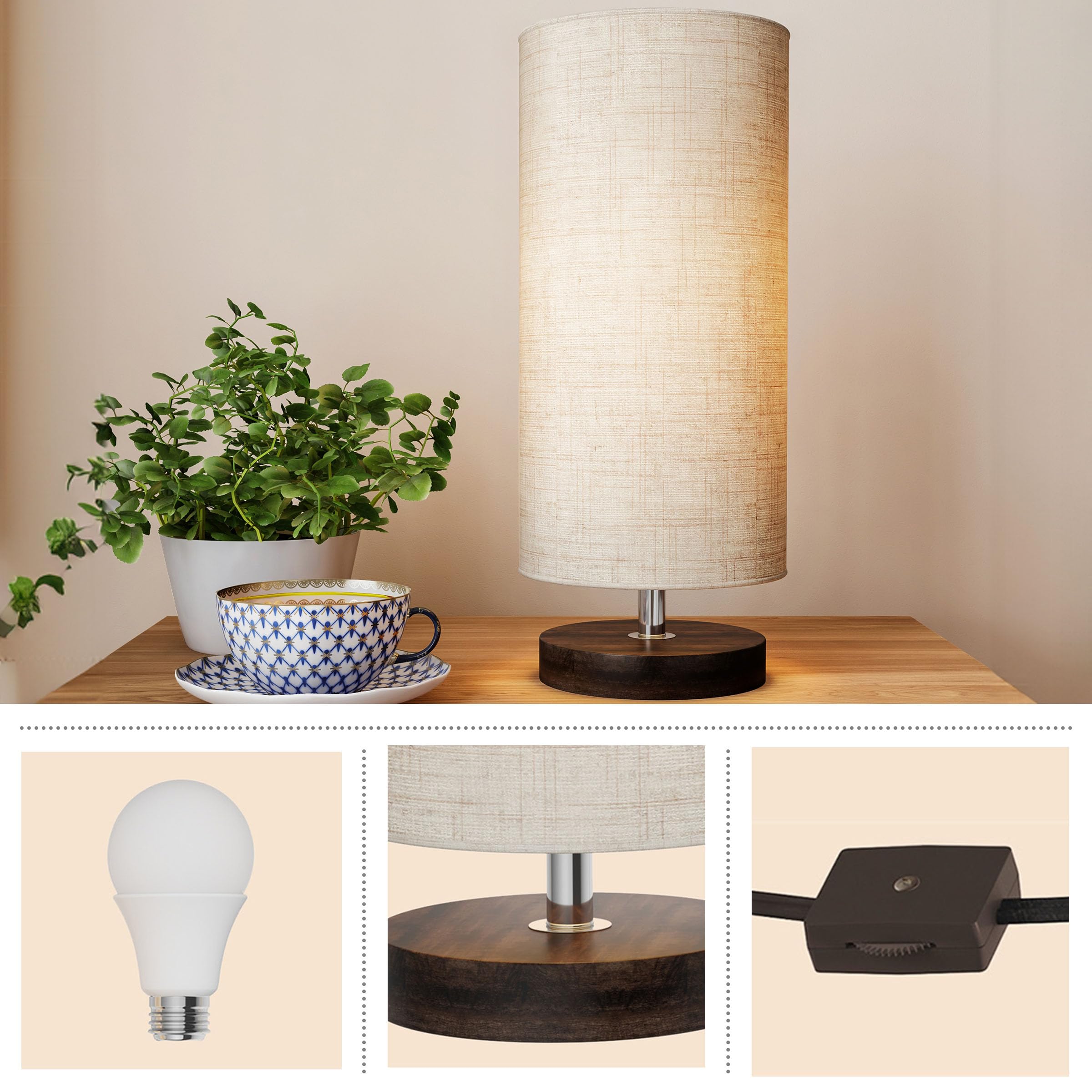 Lavish Home Small Table Lamp Set with Wood Base – Set of 2 Modern LED Cylinder Lights for Living Room, Bedroom & Home Office Decor | Warm White Lighting for Reading & Relaxing