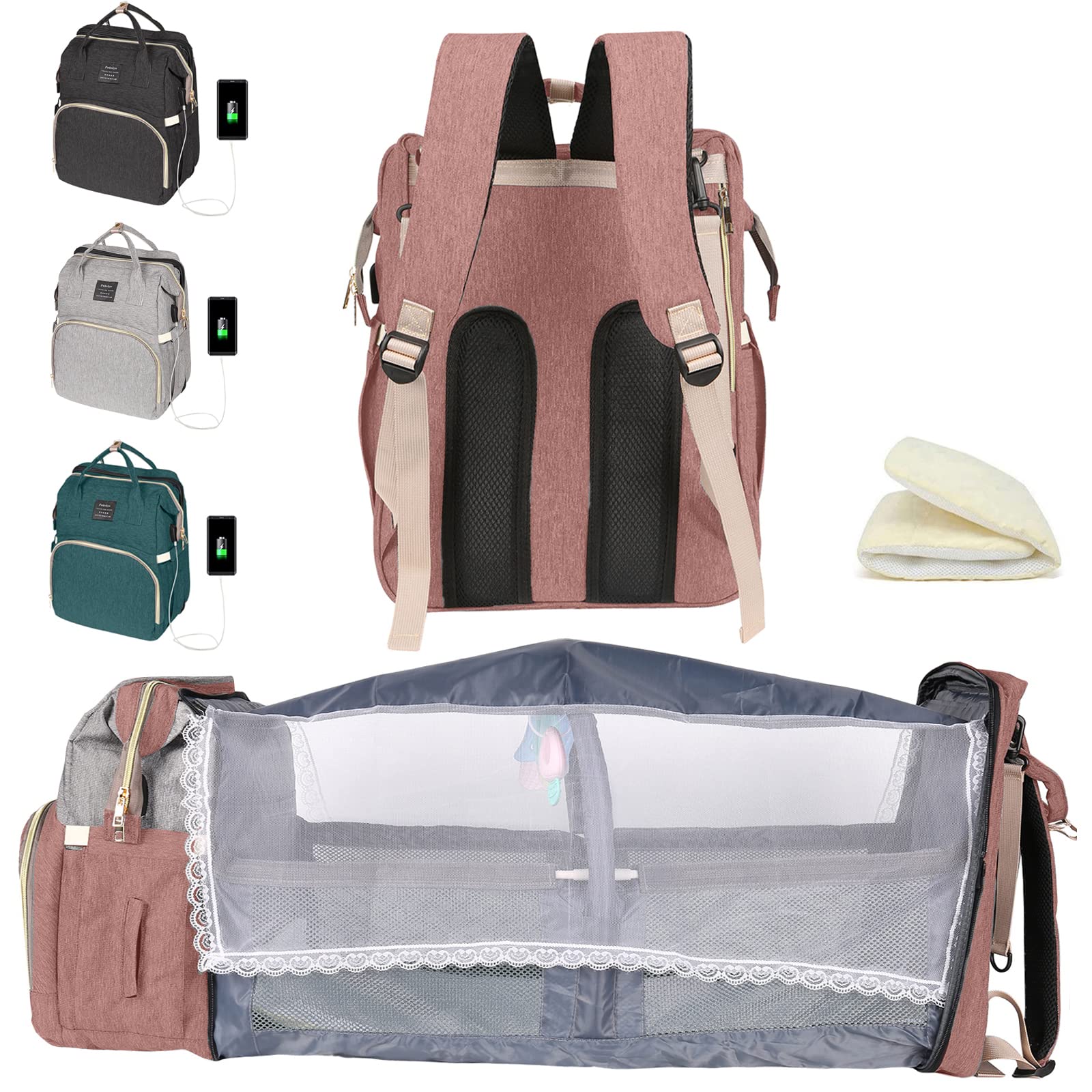 **Baby Diaper Backpack with Changing Station & USB Port - Large Capacity Travel Diaper Bag for Boys & Girls - Perfect Baby Shower Gift & Registry Essential for New Moms (Pink)**    *(Ideal for Travel, Daycare, Park Outings & Hospital Visits)*