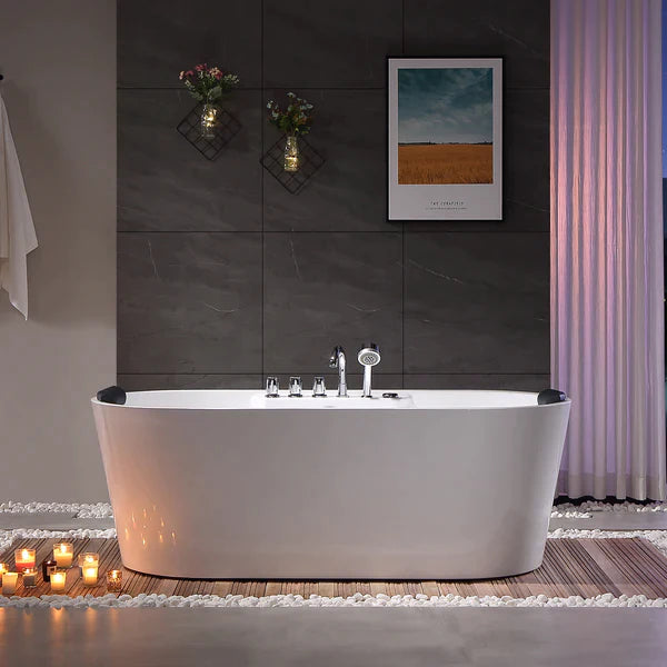 Empava 67-Inch Freestanding Jetted Hydromassage Bathtub - White Acrylic Soaking Tub with Air Jets & Water Jets (Model 67AIS01) - Perfect for Home Spa, Relaxation & Luxury Bathroom Upgrade
