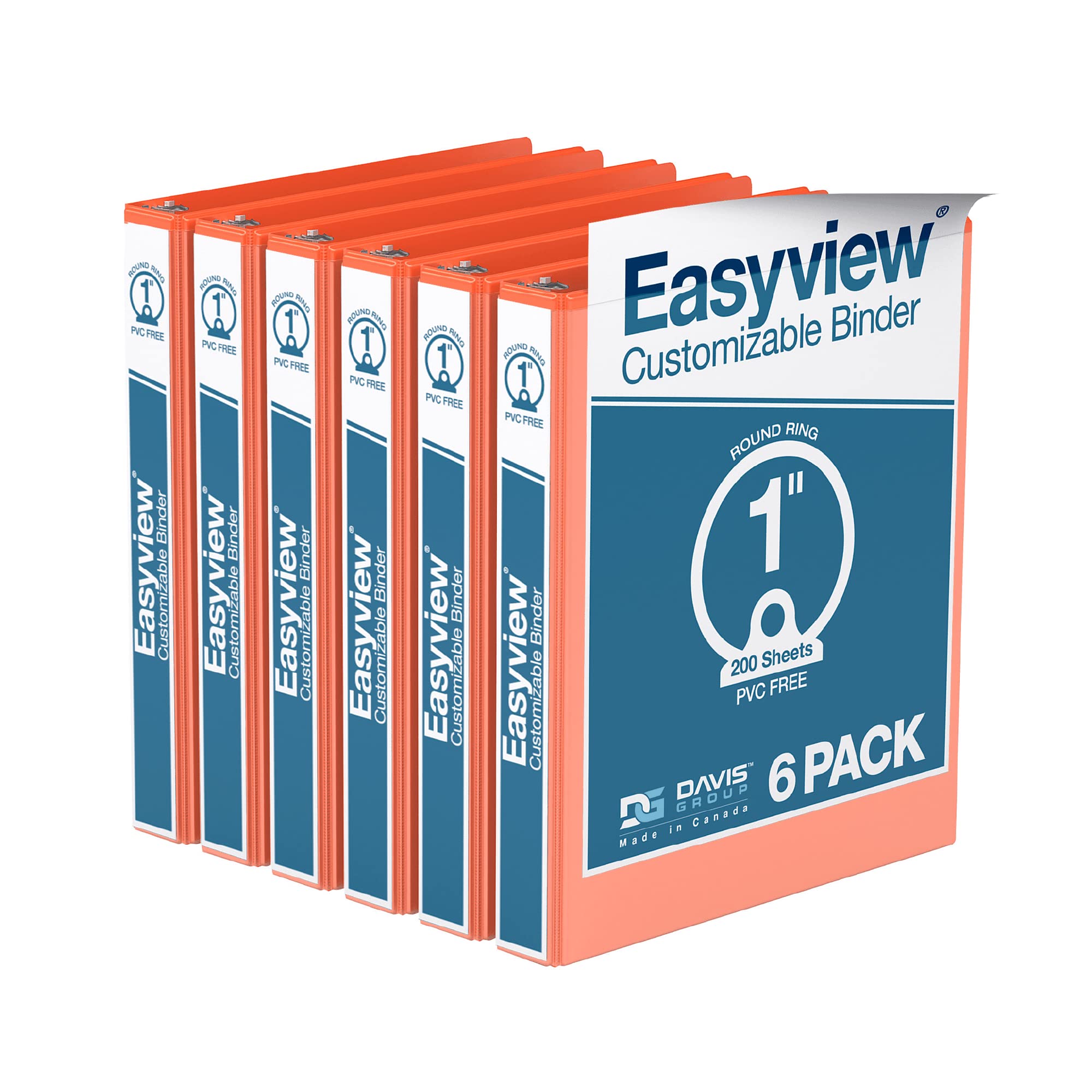 EasyView Premium 1-Inch 3-Ring Binders with Clear-View Covers - 6-Pack Colored Notebook Binders for School, Office & Home Organization - Round Ring Orange Binders - Perfect for Class Notes, Work Documents & Home Filing
