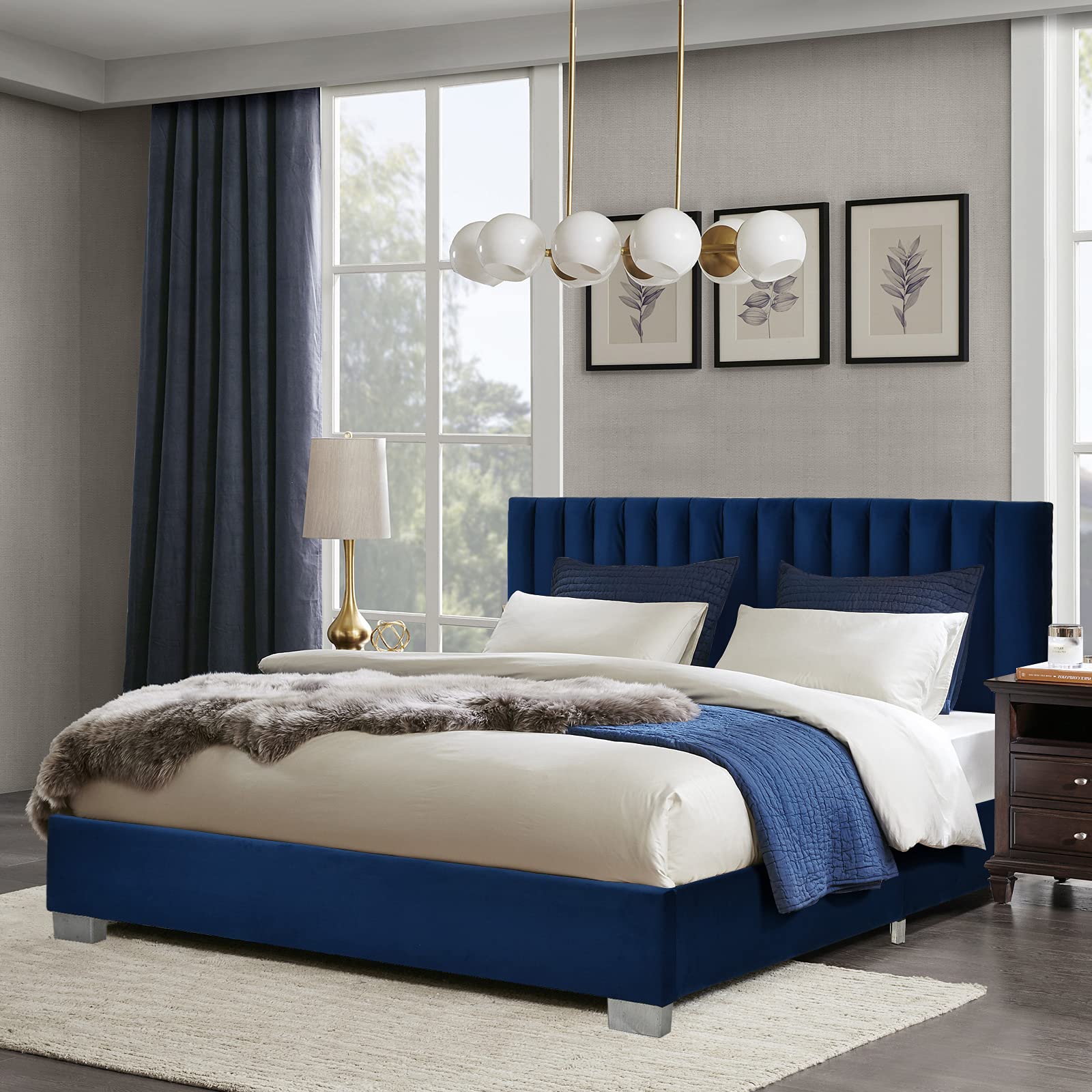 Giantex Full Size Bed Frame with Headboard - Vertical Tufted Upholstered Platform Bed with Heavy Duty Wood Slats Support | No Box Spring Needed | Easy Assembly | Navy Blue | Perfect for Modern Bedrooms, Guest Rooms & Small Spaces