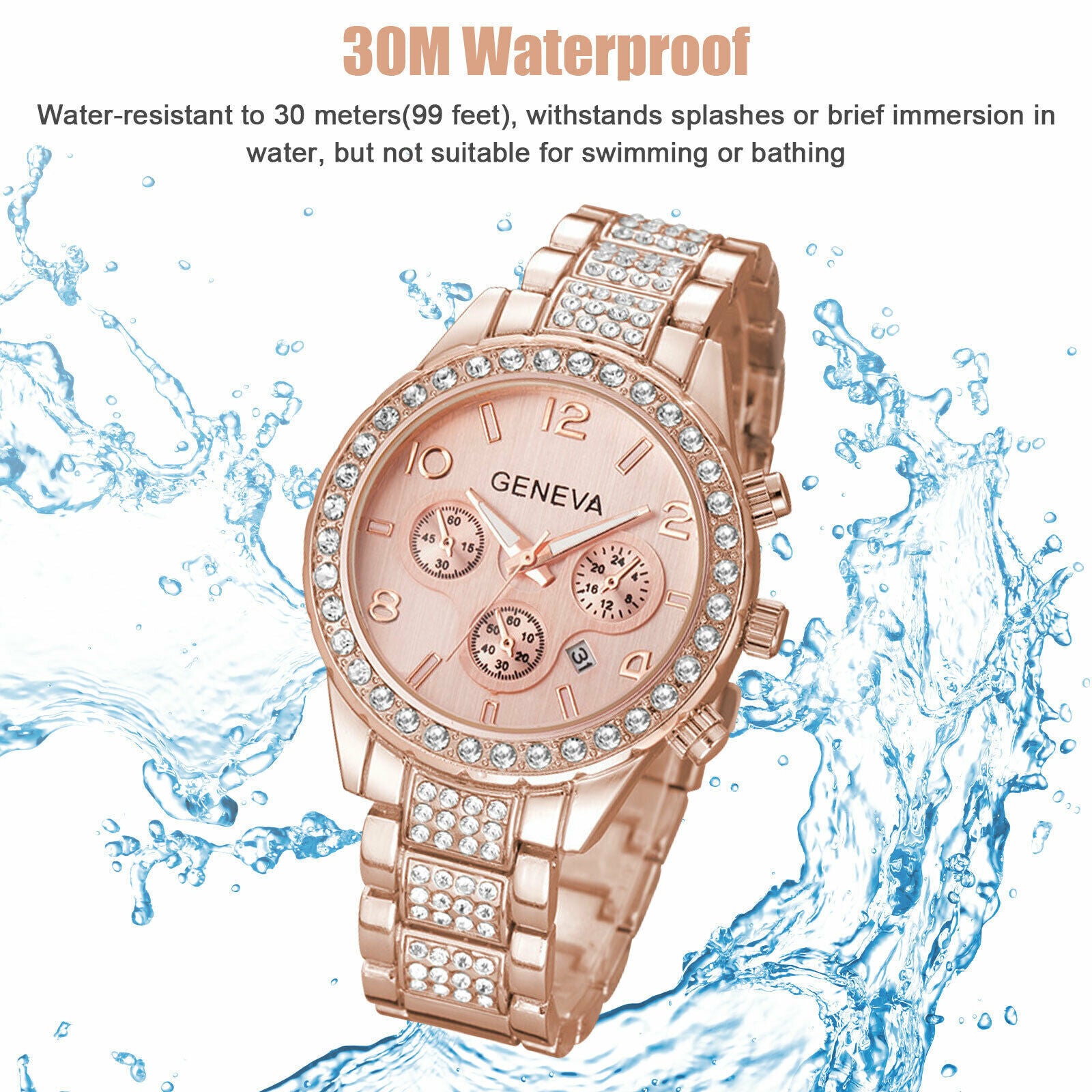 Luxury Waterproof Women's Stainless Steel Crystal Quartz Round Wrist Watch - Elegant Timepiece for Business, Party & Everyday Wear