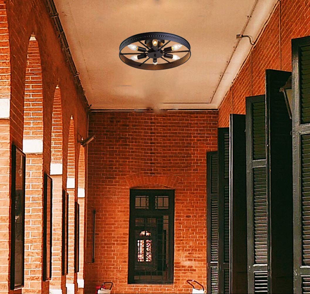 Industrial Semi Flush Mount Ceiling Light - Farmhouse Black Wheel Chandelier with 6 Lights, Wrought Iron Close-to-Ceiling Fixture for Loft, Dining Room & Kitchen Lighting
