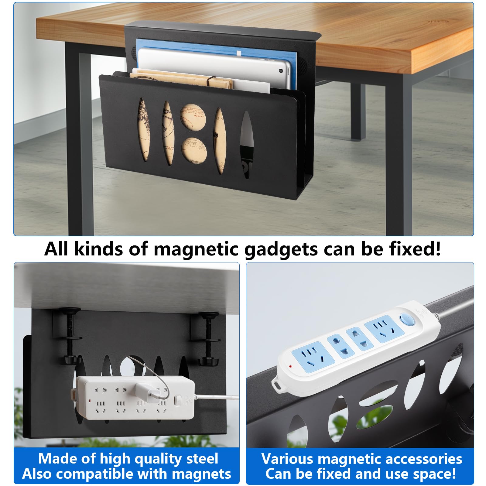 2 Tier Under Desk Storage Organizer - No Drill Steel Hanging Desk Shelf for Laptop & Office Supplies | Space Saving Desk Organizer for Home Office & Workspace (Black)