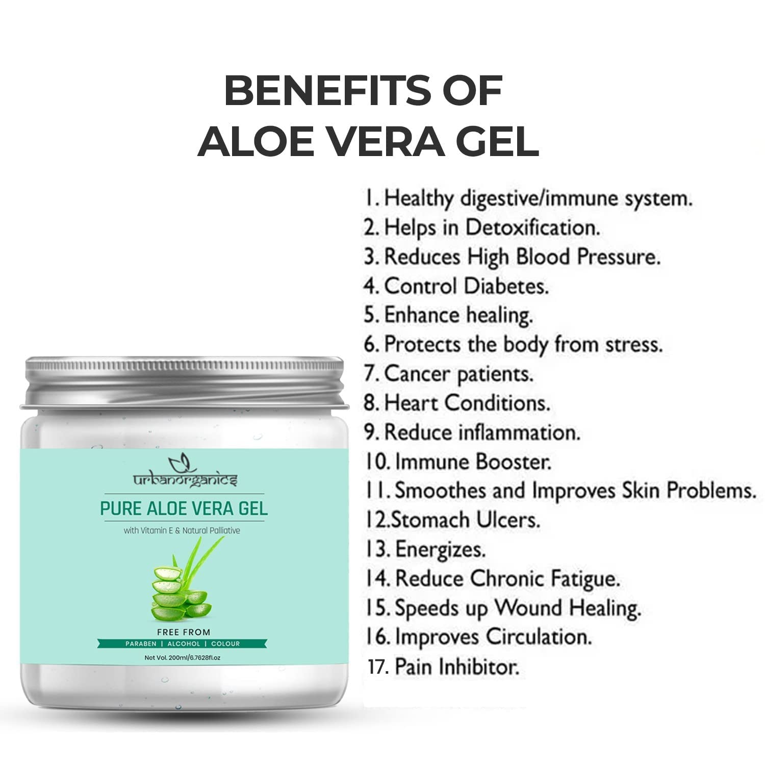 Urbanorganics Pure Aloe Vera Gel for Skin & Hair Care - Vitamin E Enriched, Paraben Free, 200ml - Soothes Sunburn, Hydrates Dry Skin & Conditions Hair Naturally
