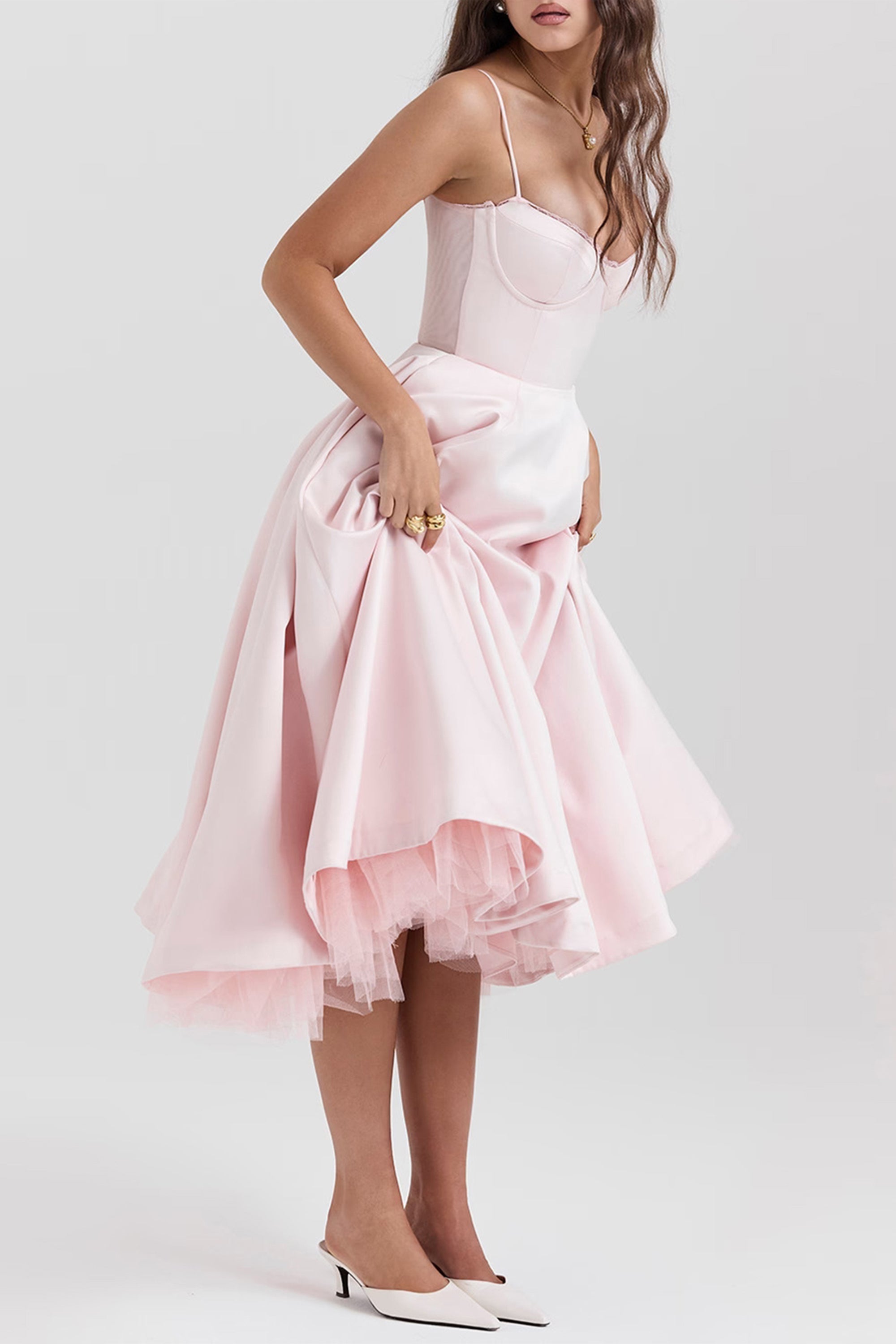Analissa Pink Mesh Midi Dress - Elegant Flowy Party Dress for Women, Perfect for Weddings, Cocktails & Evening Events