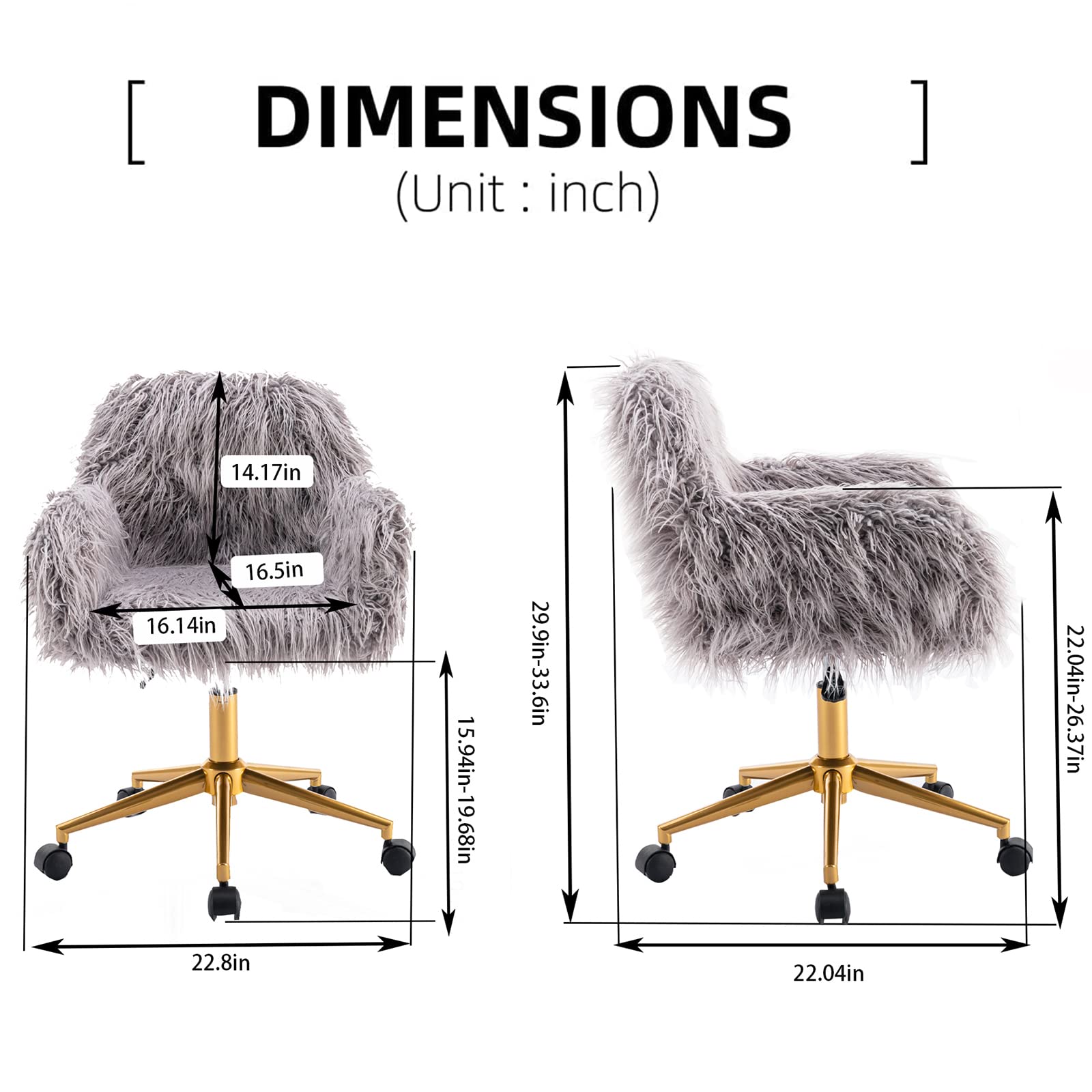 Luxury Faux Fur Office Chair with Gold Legs - Adjustable Swivel Vanity Chair for Women & Teens, Soft Fluffy Desk Chair for Home Office, Makeup Room & Bedroom (Grey) - Perfect for Working, Studying & Relaxing in Style