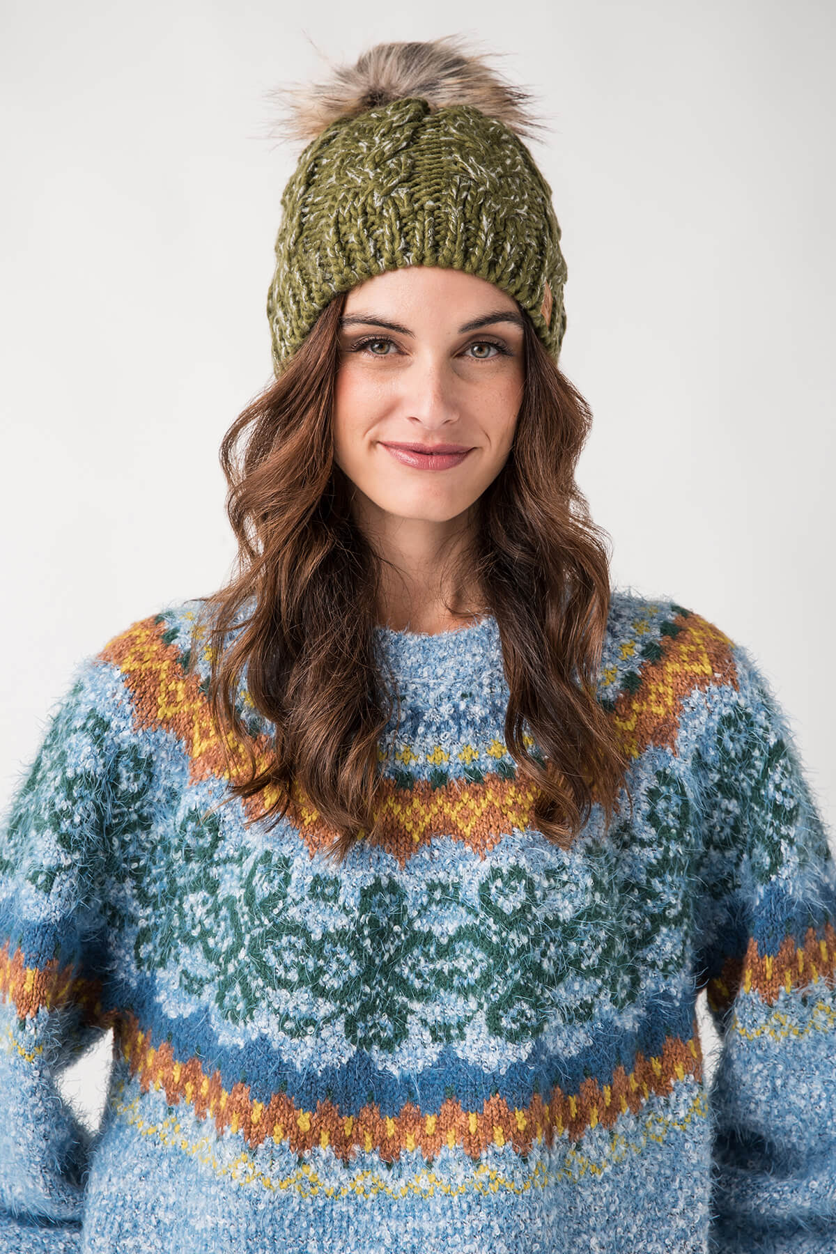 Panache Olive Green Cable Knit Beanie with Faux Fur Pom Pom - Winter Warm Knit Hat for Women & Men - Perfect for Skiing, Snowboarding & Cold Weather Activities