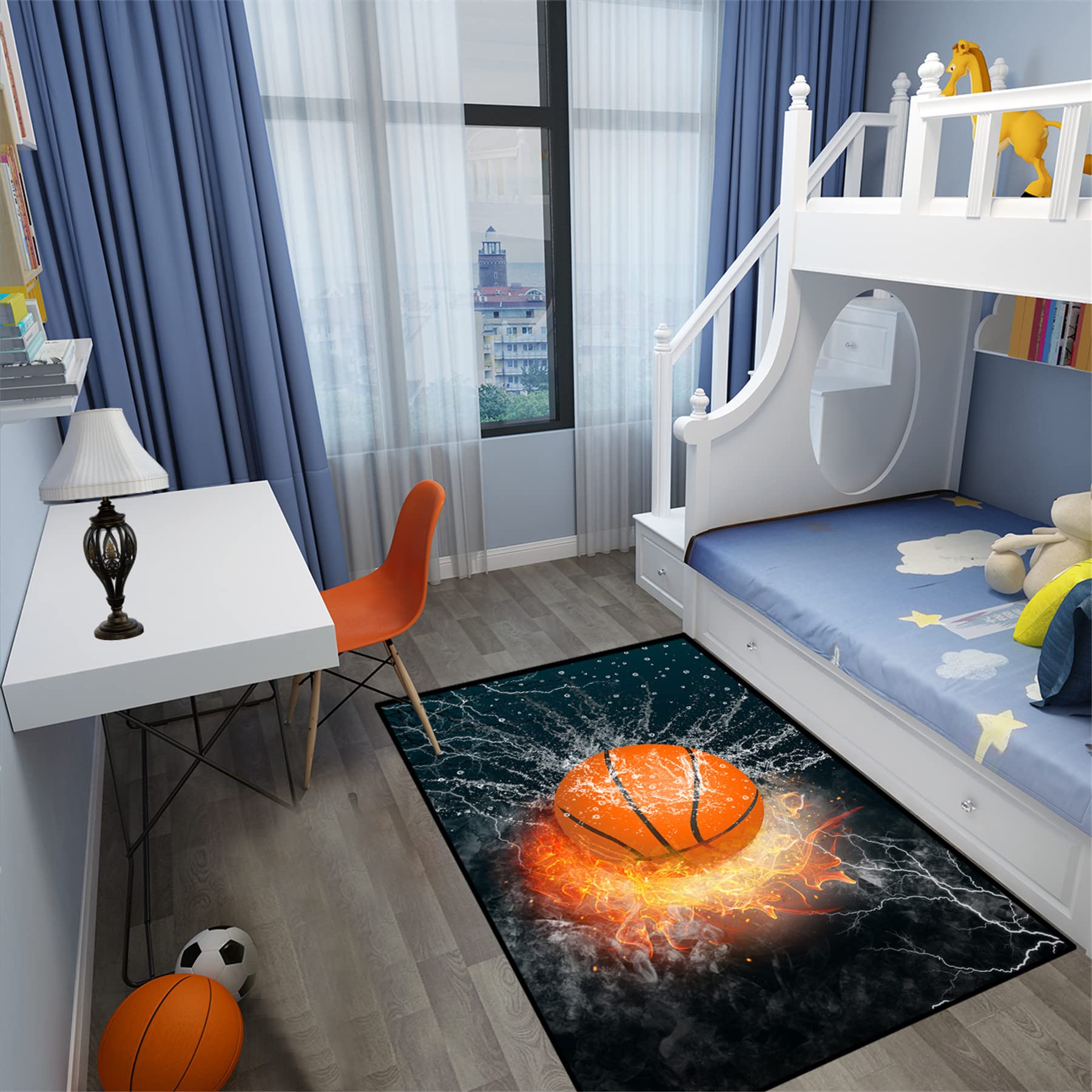 Premium Black Basketball Sports Rug - Non-Slip Playroom & Bedroom Decor for Boys - 2'5