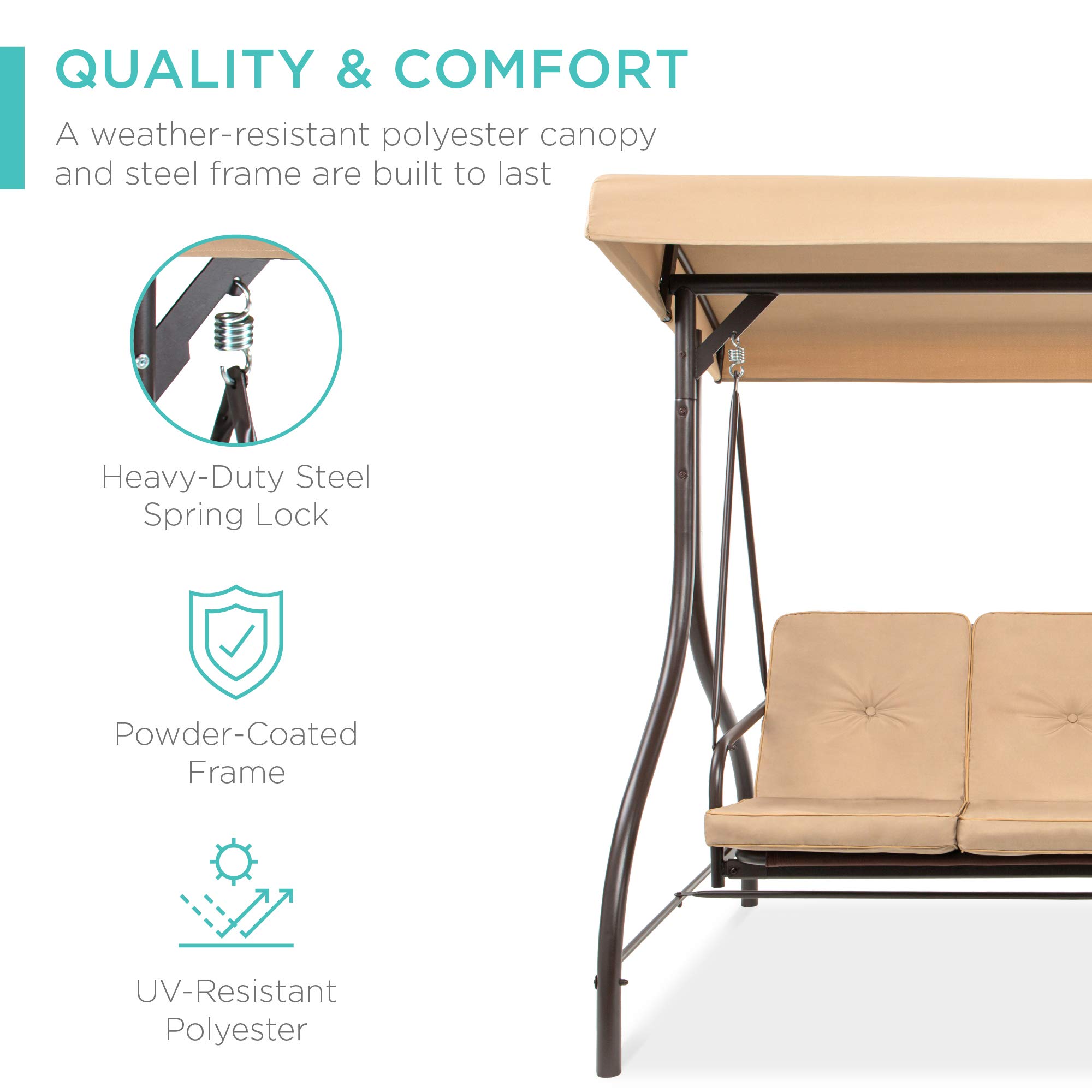 Best Choice Products 3-Seat Outdoor Canopy Swing Glider with Adjustable Shade & Removable Cushions - Patio Hammock Lounge Chair for Porch, Backyard, Garden - Perfect for Relaxing, Sunbathing & Outdoor Lounging