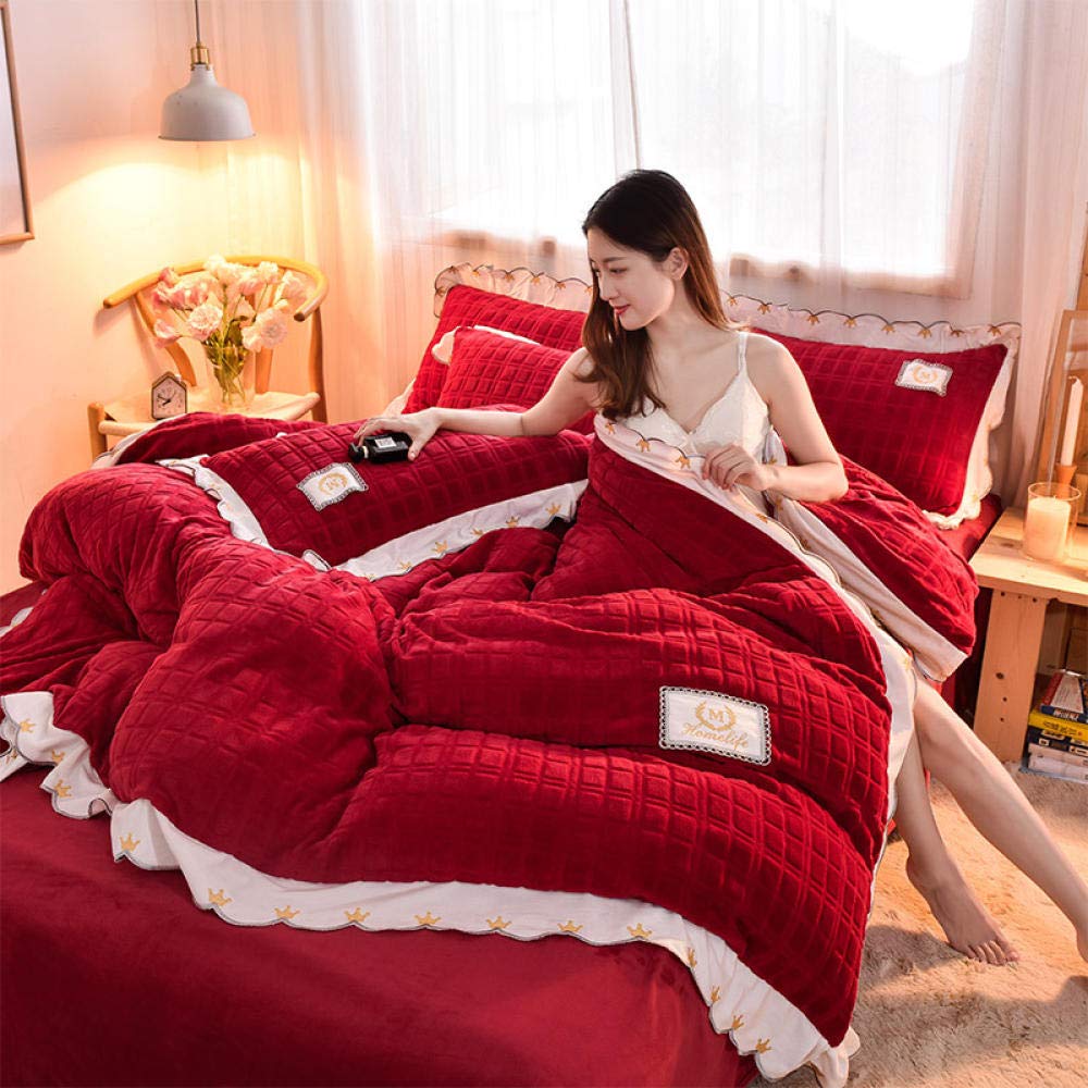Luxury Velvet Bed Sheet Set - 4 Piece King Size, Ultra Soft & Thick Crystal Velvet Comforter Cover - Wine Red for Winter Warmth | Perfect for Master Bedroom, Guest Room & Cozy Home Decor