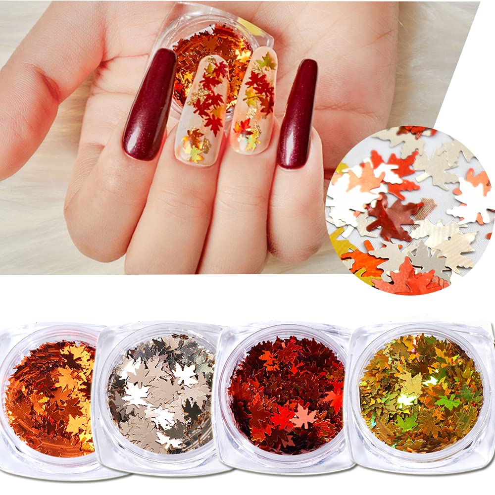 Holographic Maple Leaf Nail Glitter Flakes - Red, Yellow, Silver, Orange Mixed Colors for Acrylic Nails | Fall Nail Art Decorations & Manicure Supplies | Perfect for Autumn Nail Designs, Halloween Nails, and Seasonal DIY Nail Art
