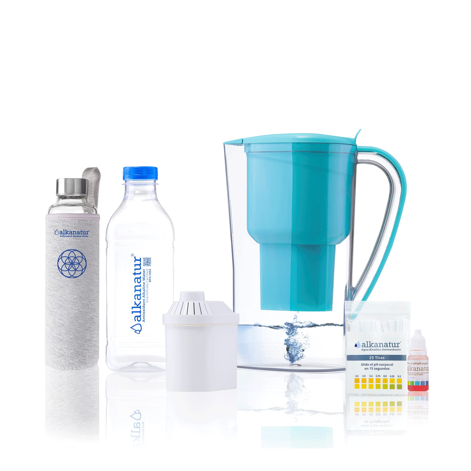 Alkaline Water Filter Pitcher with Borosilicate Glass Bottle - 99% Toxin & Heavy Metal Removal, 7X More Antioxidants - pH 9.5 Ionized Alkaline Water - BPA-Free Spanish Made for Home, Office & Travel Hydration
