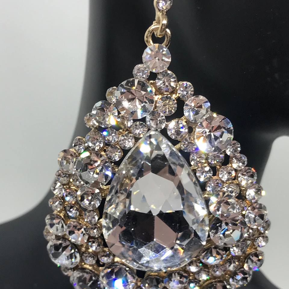 Large Crystal Earrings in Gold - Elegant Chunky Pageant Earrings (H2027) | Perfect for Weddings, Parties & Special Occasions
