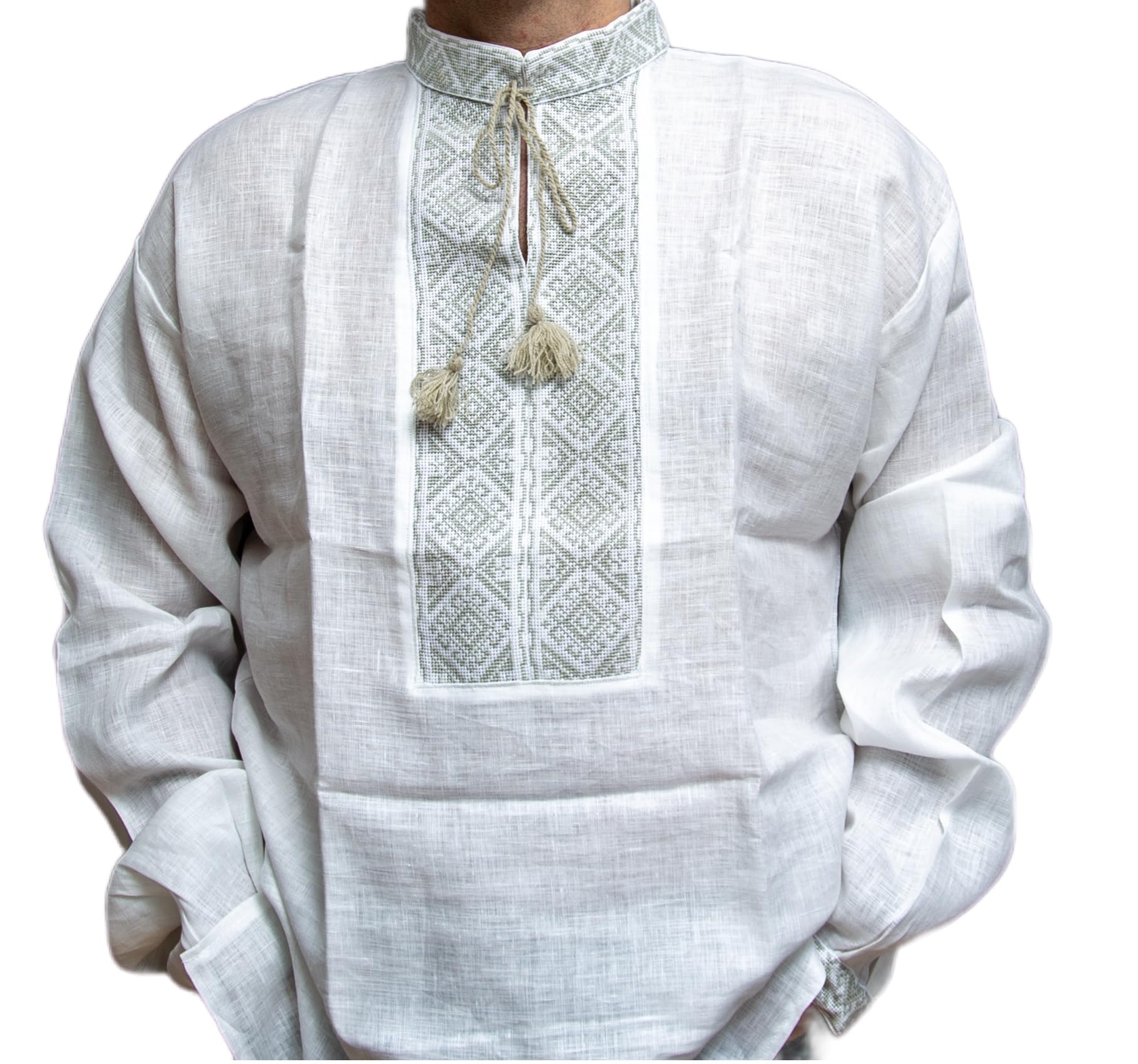 Authentic Ukrainian Vyshyvanka - Slavic Traditional Hand Embroidered Linen Shirt for Men, White Olive (Medium) - Perfect for Cultural Events, Weddings & Folk Festivals