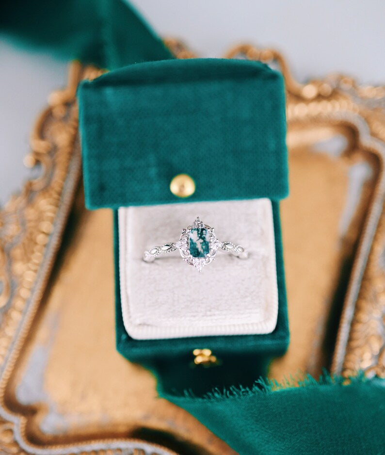 14K White Gold Moss Agate Ring for Women - Elegant Claire Green Gemstone Jewelry for Everyday Wear & Special Occasions