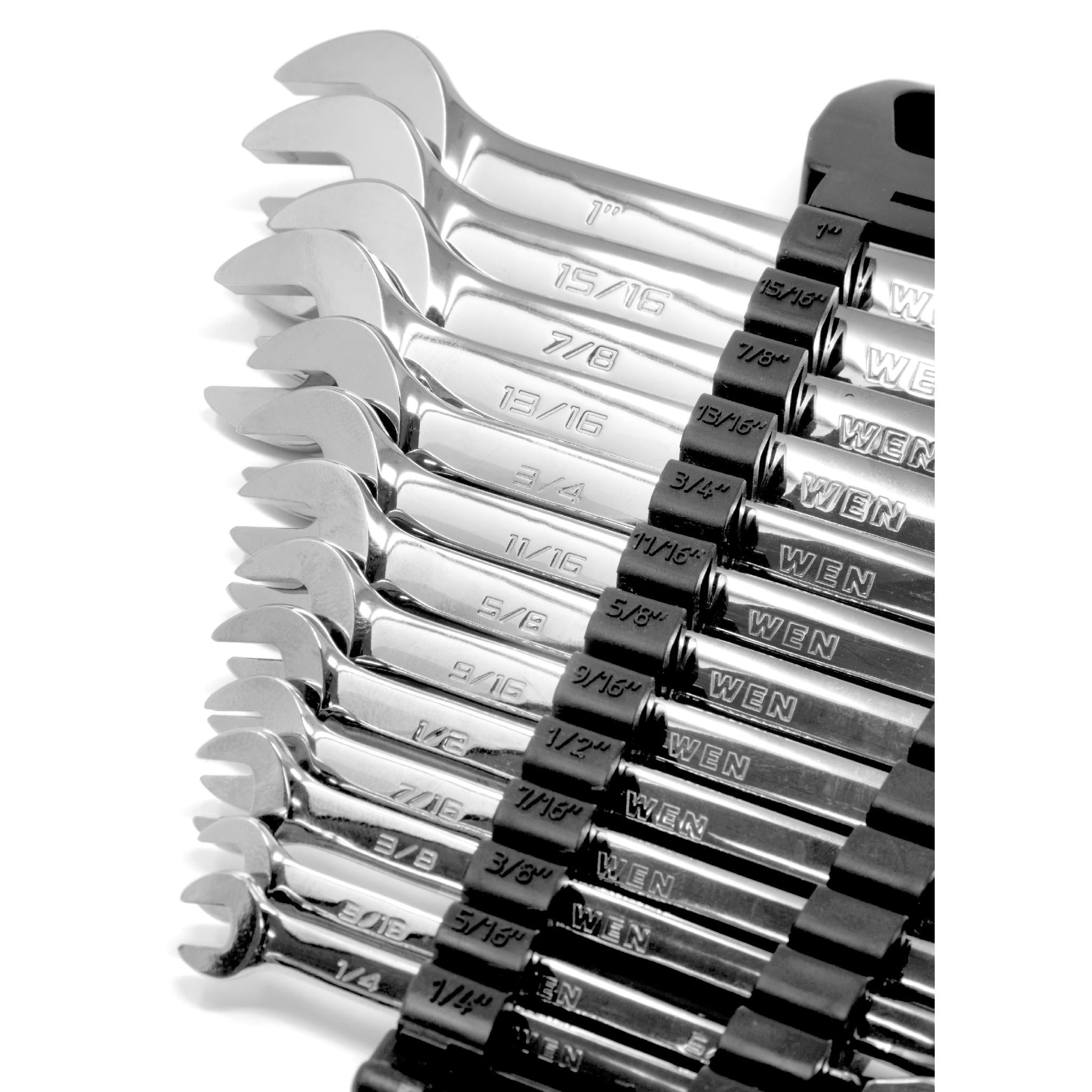 WEN WR132A 13-Piece Professional Grade Reversible Ratcheting SAE Combination Wrench Set with Storage Rack - Perfect for Automotive Repair, Machinery Maintenance & DIY Projects