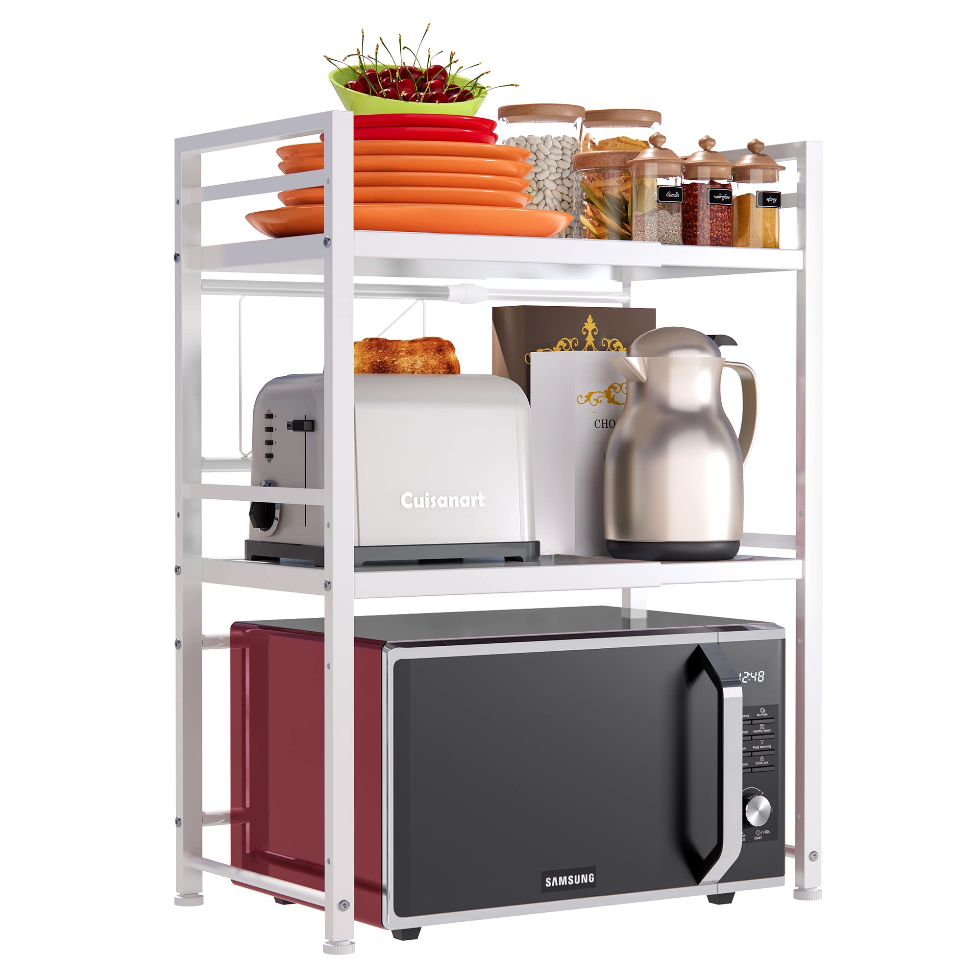 DOLALIKE Expandable 3-Tier Microwave Oven Rack - Carbon Steel Over Microwave Shelf with 3 Hooks for Countertop Storage | Space-Saving Kitchen Organizer for Utensils, Spices & Tableware | Perfect for Small Kitchens, Apartments & Dorm Rooms