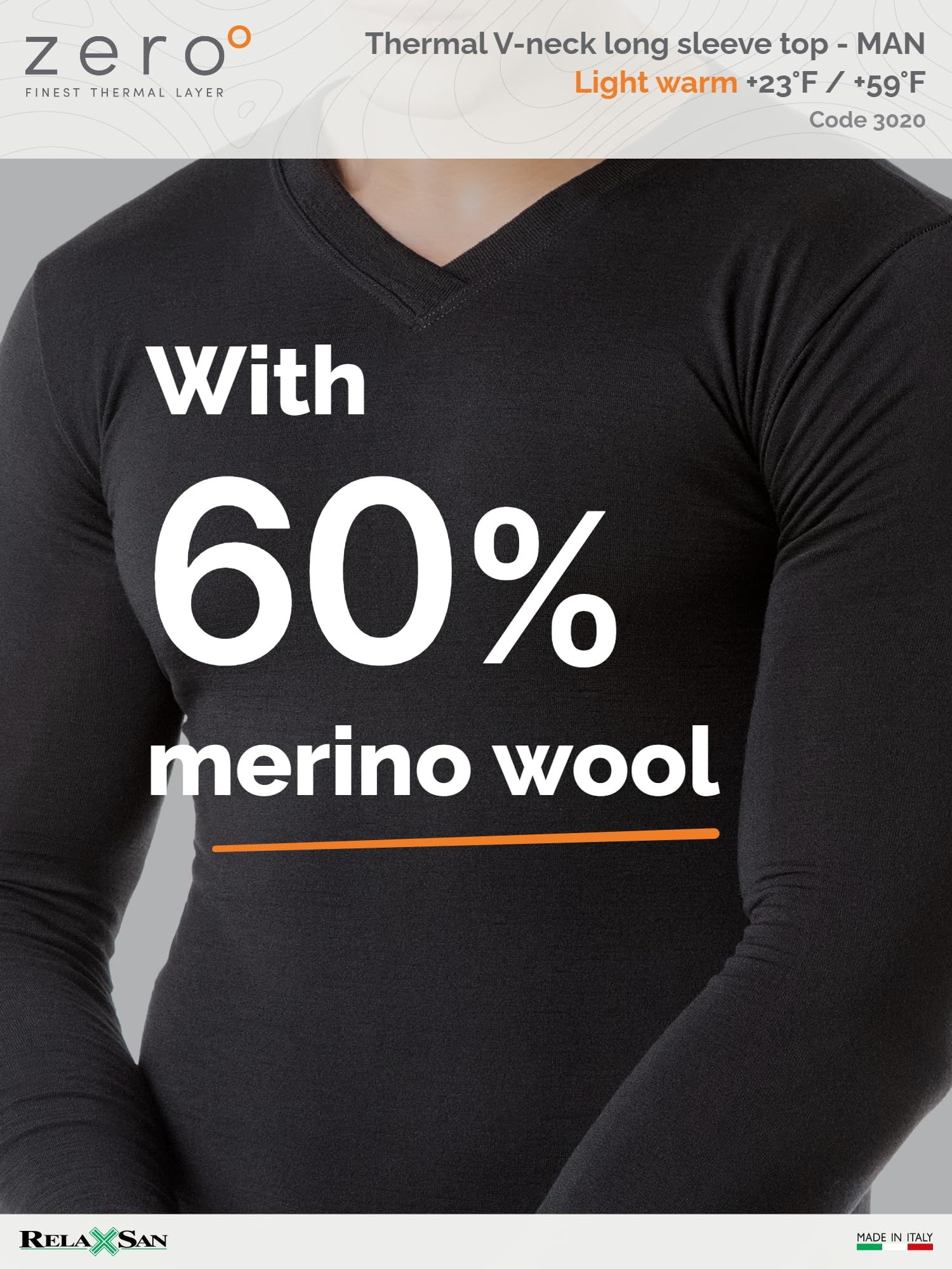Relaxsan Zero 3020 Men's Thermal Long Sleeve Baselayer Shirt - Moisture Wicking Merino Wool & Dryarn Fiber Underwear for Cold Weather | Ideal for Hiking, Skiing & Winter Sports
