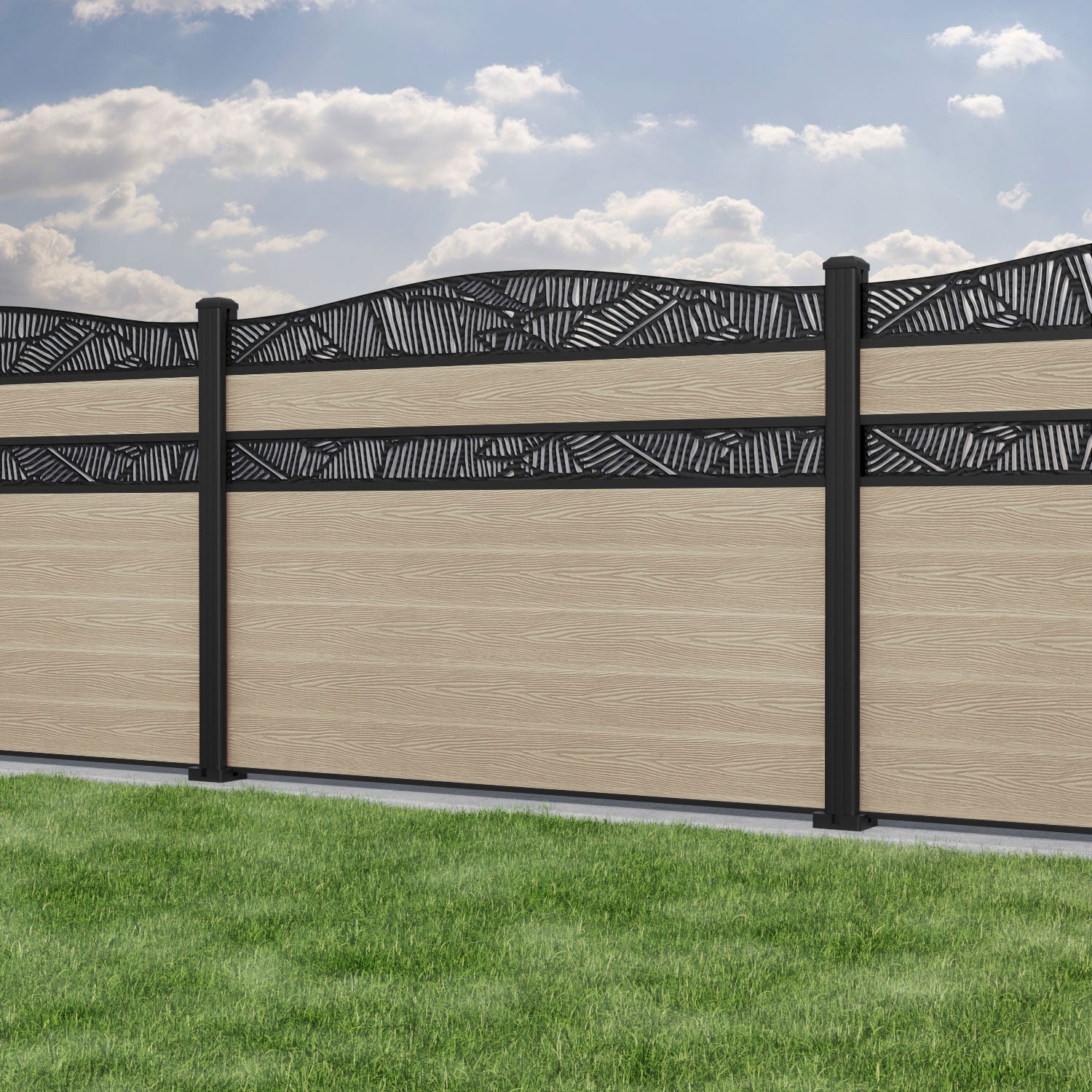 Classic Feather Curved Top Split Screen Fence Panel - Light Oak Wood Privacy Screen with Aluminum Posts for Patio, Deck, Garden & Backyard