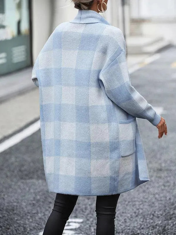 Stylish Loose Plaid Color Block Knit Cardigan Sweater for Women - Cozy Fall & Winter Fashion - Perfect for Office, Dating and Casual Outings