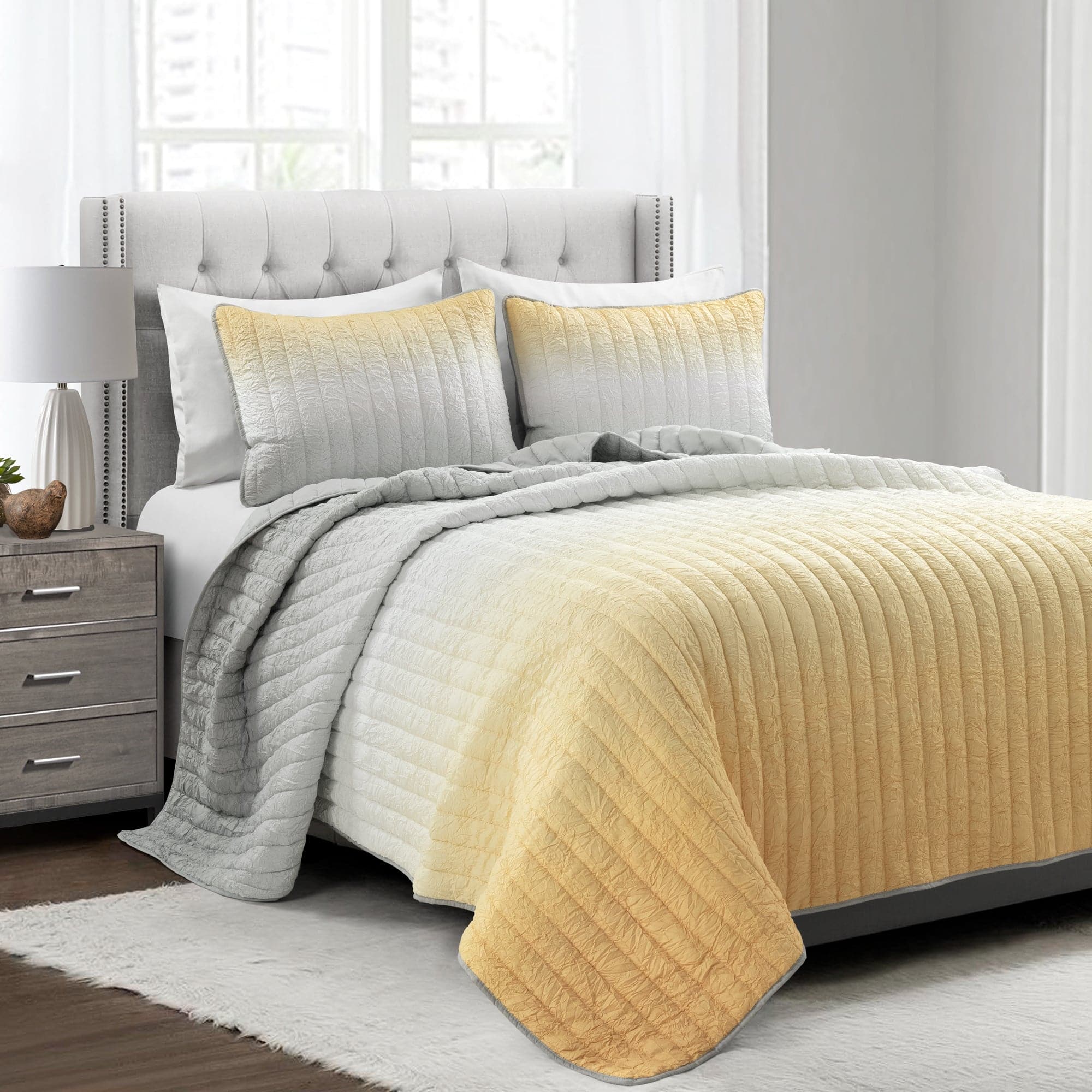 Crinkle Ombre Oversized Quilt 3-Piece Set - Soft Textured Bedding for Master Bedroom, Guest Room & Cozy Home Decor