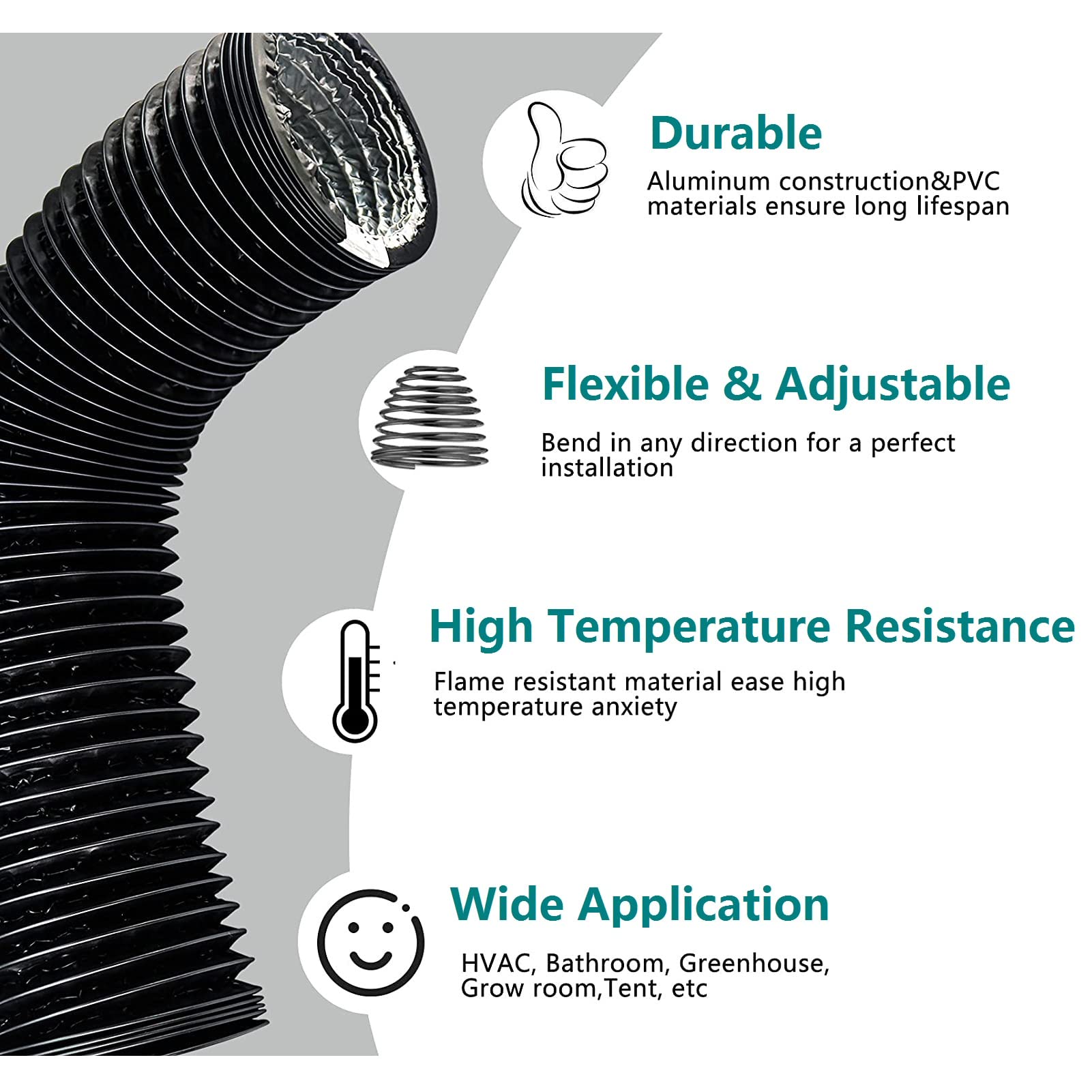 4 Inch Dryer Vent Hose - 16 Feet Flexible Adjustable PVC Heavy Duty 4-Layer Air Duct for HVAC Ventilation with 2 Screw Clamps (Black) - Perfect for Home Laundry Room, RV & Mobile Home Dryer Venting